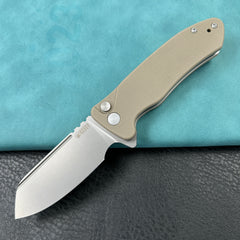 KUBEY KU336K Creon Small Pocket Knife with Button Lock Tan  G10 Handle 2.87" Beadblasted AUS-10