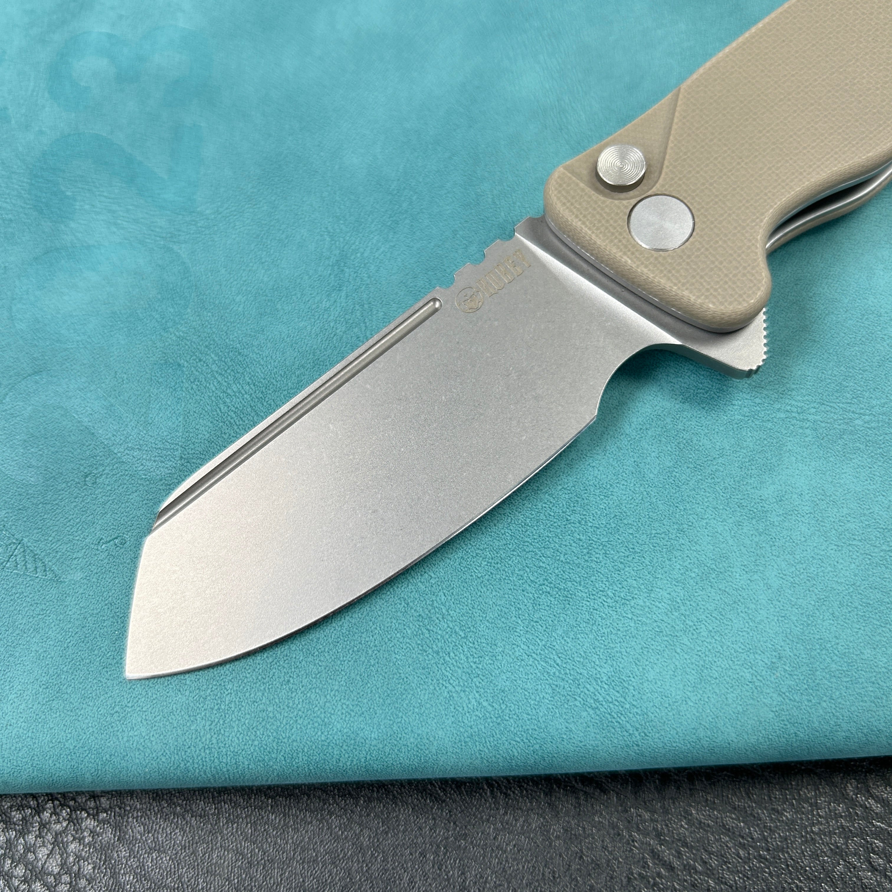 KUBEY KU336K Creon Small Pocket Knife with Button Lock Tan  G10 Handle 2.87" Beadblasted AUS-10