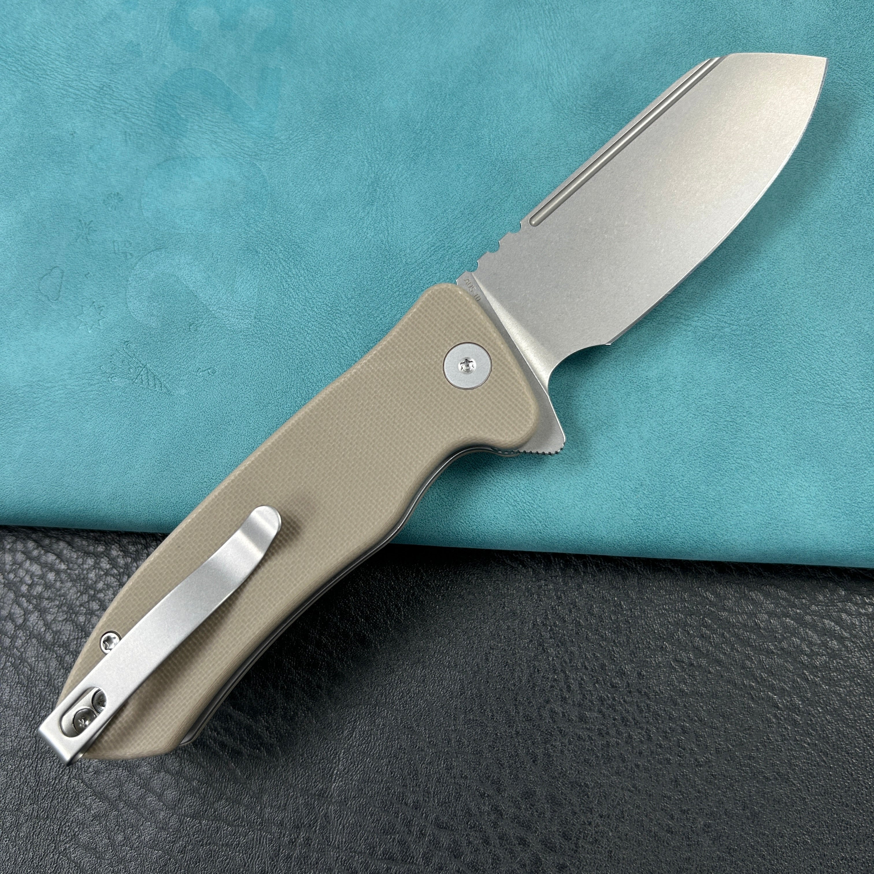 KUBEY KU336K Creon Small Pocket Knife with Button Lock Tan  G10 Handle 2.87" Beadblasted AUS-10