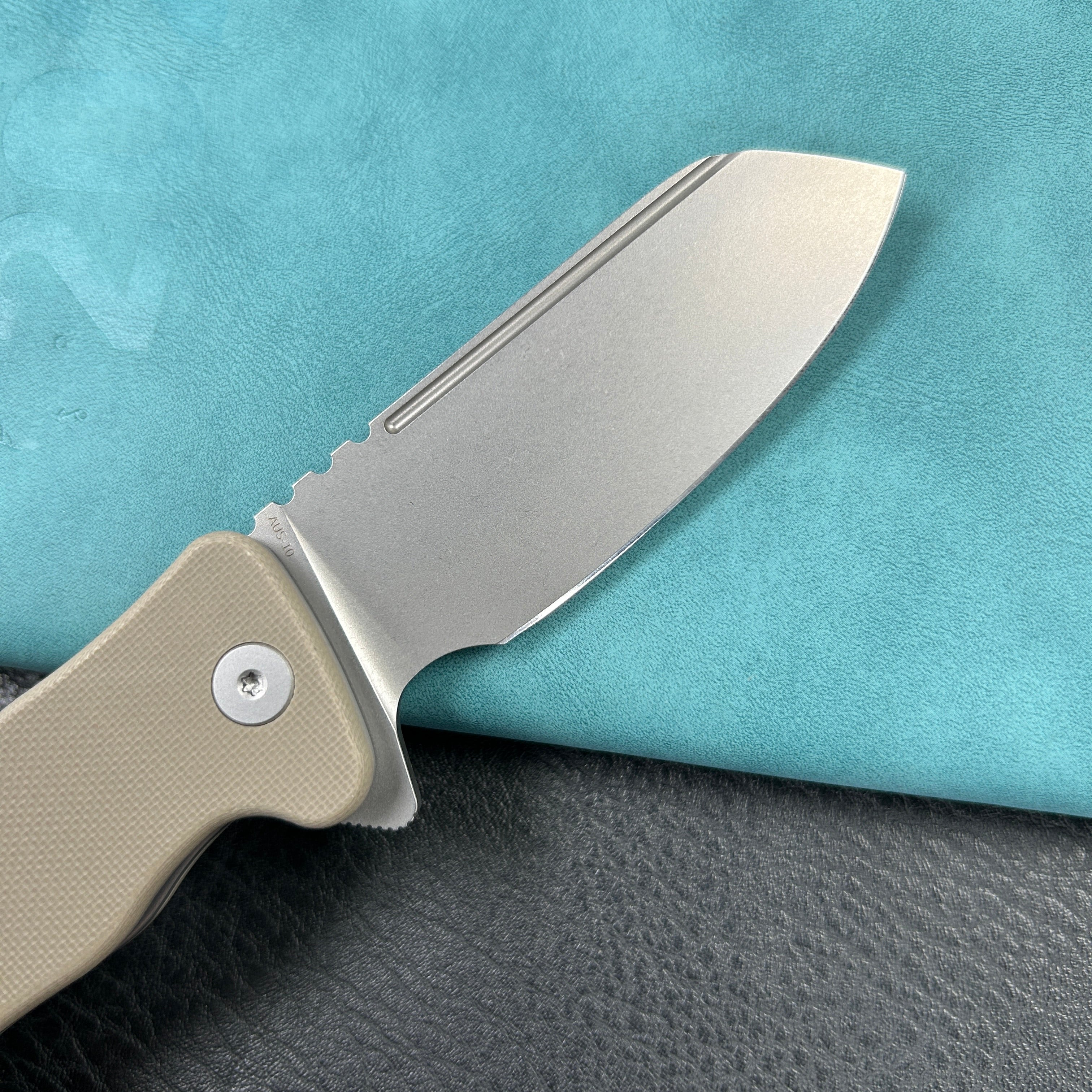 KUBEY KU336K Creon Small Pocket Knife with Button Lock Tan  G10 Handle 2.87" Beadblasted AUS-10