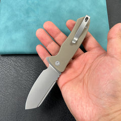 KUBEY KU336K Creon Small Pocket Knife with Button Lock Tan  G10 Handle 2.87" Beadblasted AUS-10