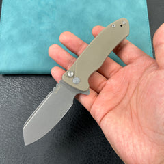 KUBEY KU336K Creon Small Pocket Knife with Button Lock Tan  G10 Handle 2.87" Beadblasted AUS-10