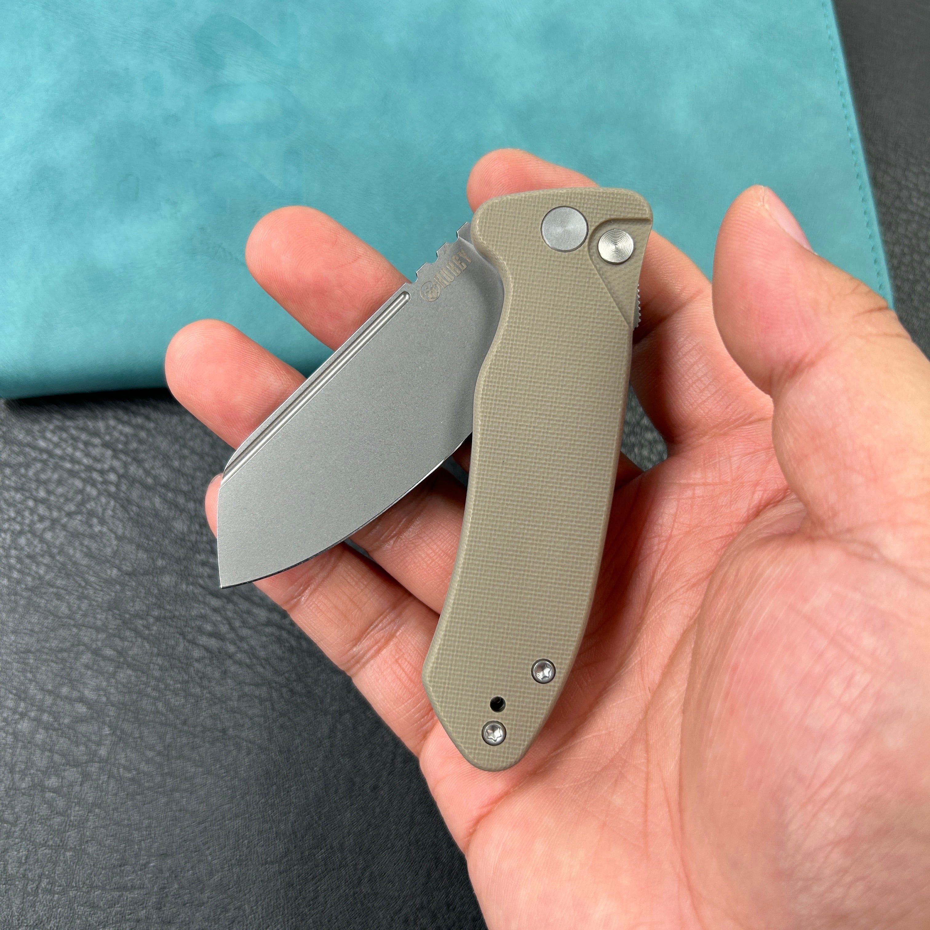 KUBEY KU336K Creon Small Pocket Knife with Button Lock Tan  G10 Handle 2.87" Beadblasted AUS-10