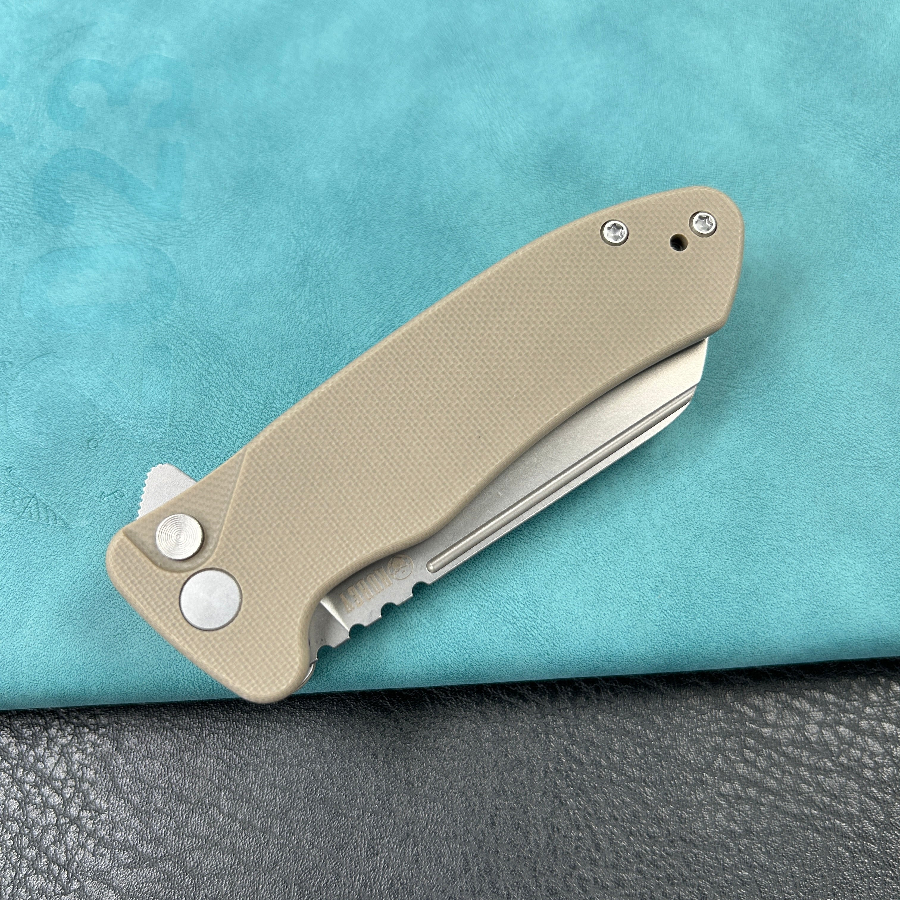 KUBEY KU336K Creon Small Pocket Knife with Button Lock Tan  G10 Handle 2.87" Beadblasted AUS-10