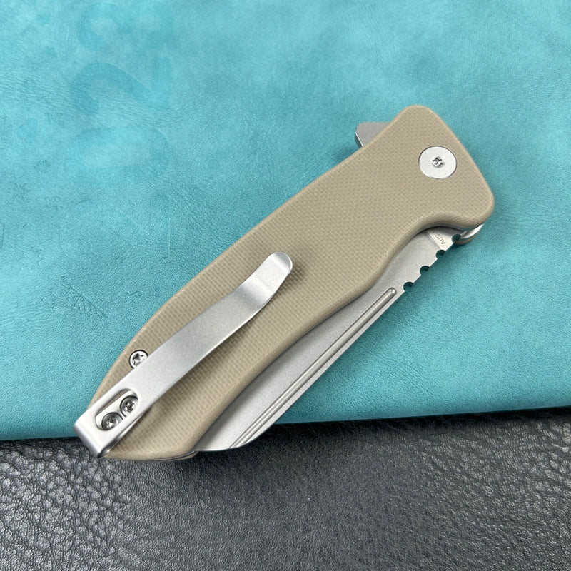 KUBEY KU336K Creon Small Pocket Knife with Button Lock Tan  G10 Handle 2.87" Beadblasted AUS-10