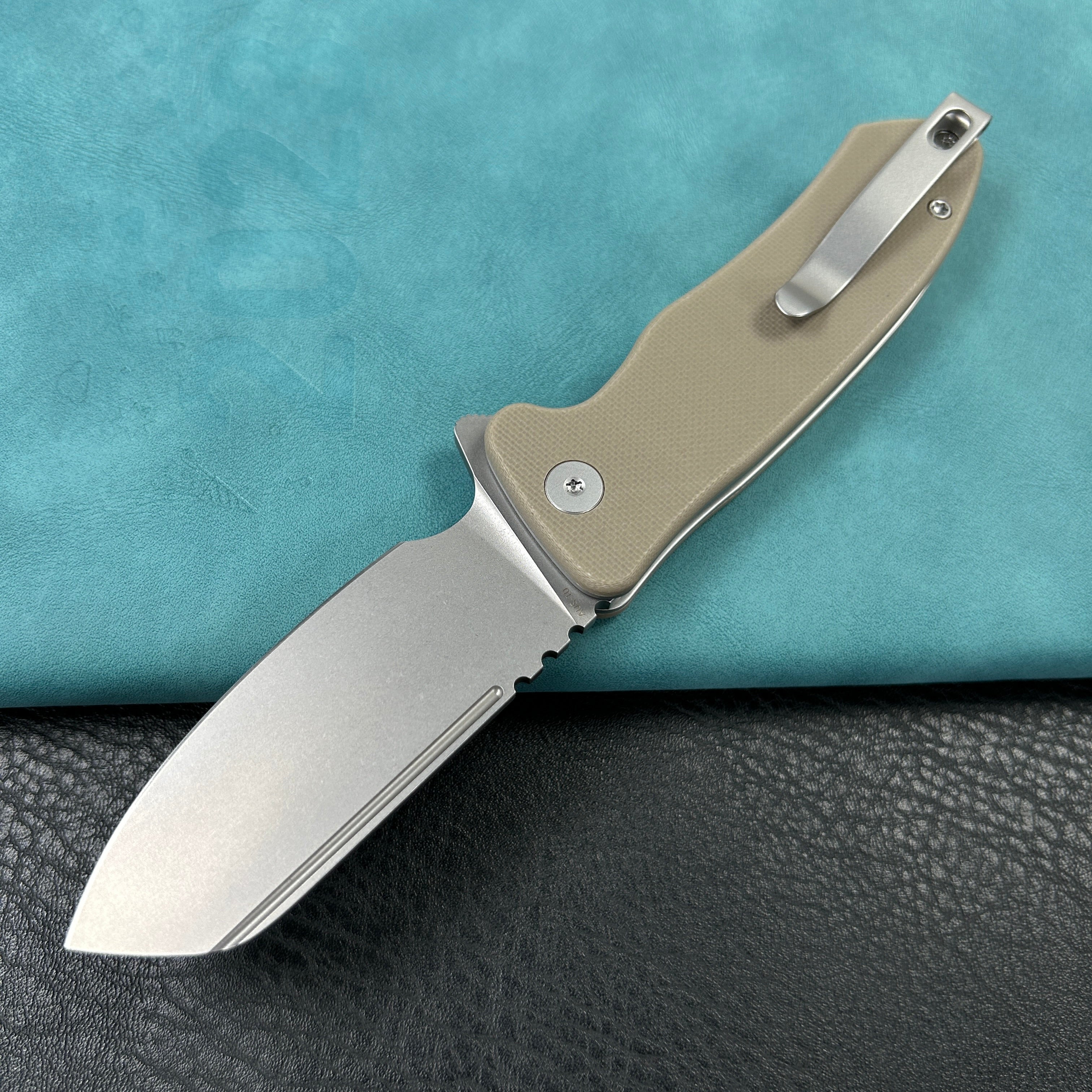 KUBEY KU336K Creon Small Pocket Knife with Button Lock Tan  G10 Handle 2.87" Beadblasted AUS-10