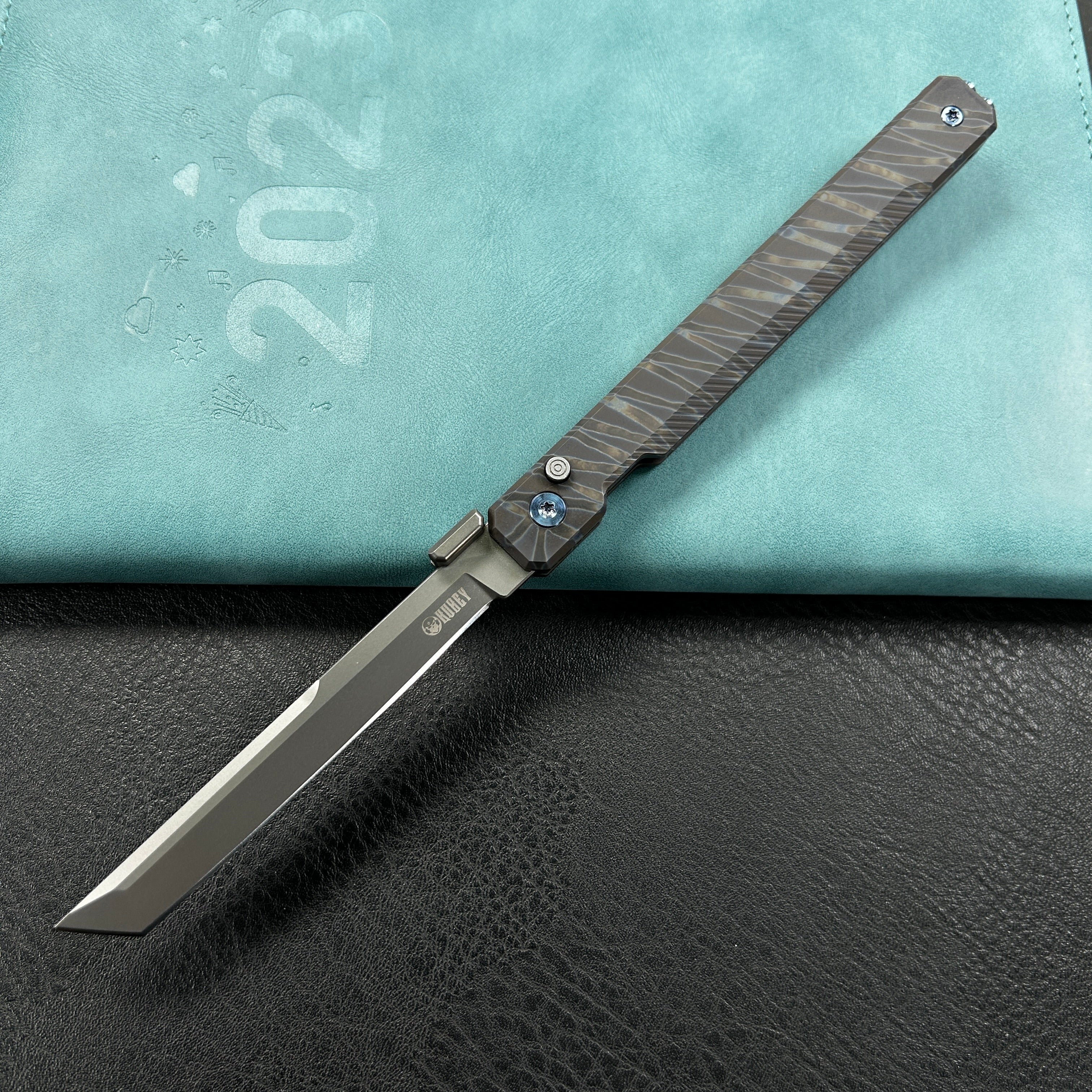 KUBEY KB243C Prism Button Lock CEO Style Folding Knife Flame Titanium Handle 3.54'' Beadblast 14C28N