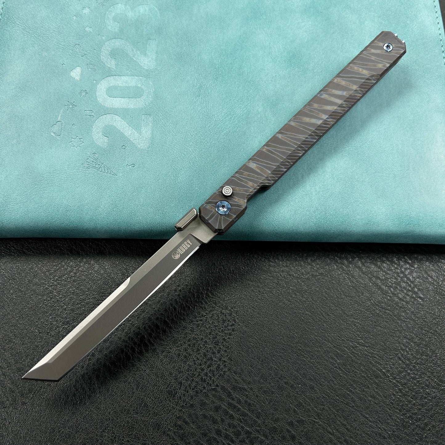 KUBEY KB243C Prism Button Lock CEO Style Folding Knife Flame Titanium Handle 3.54'' Beadblast 14C28N