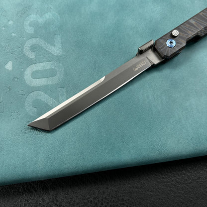 KUBEY KB243C Prism Button Lock CEO Style Folding Knife Flame Titanium Handle 3.54'' Beadblast 14C28N