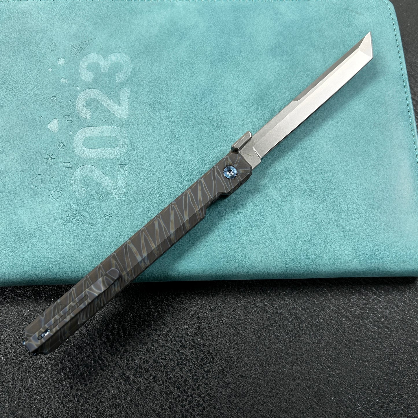 KUBEY KB243C Prism Button Lock CEO Style Folding Knife Flame Titanium Handle 3.54'' Beadblast 14C28N