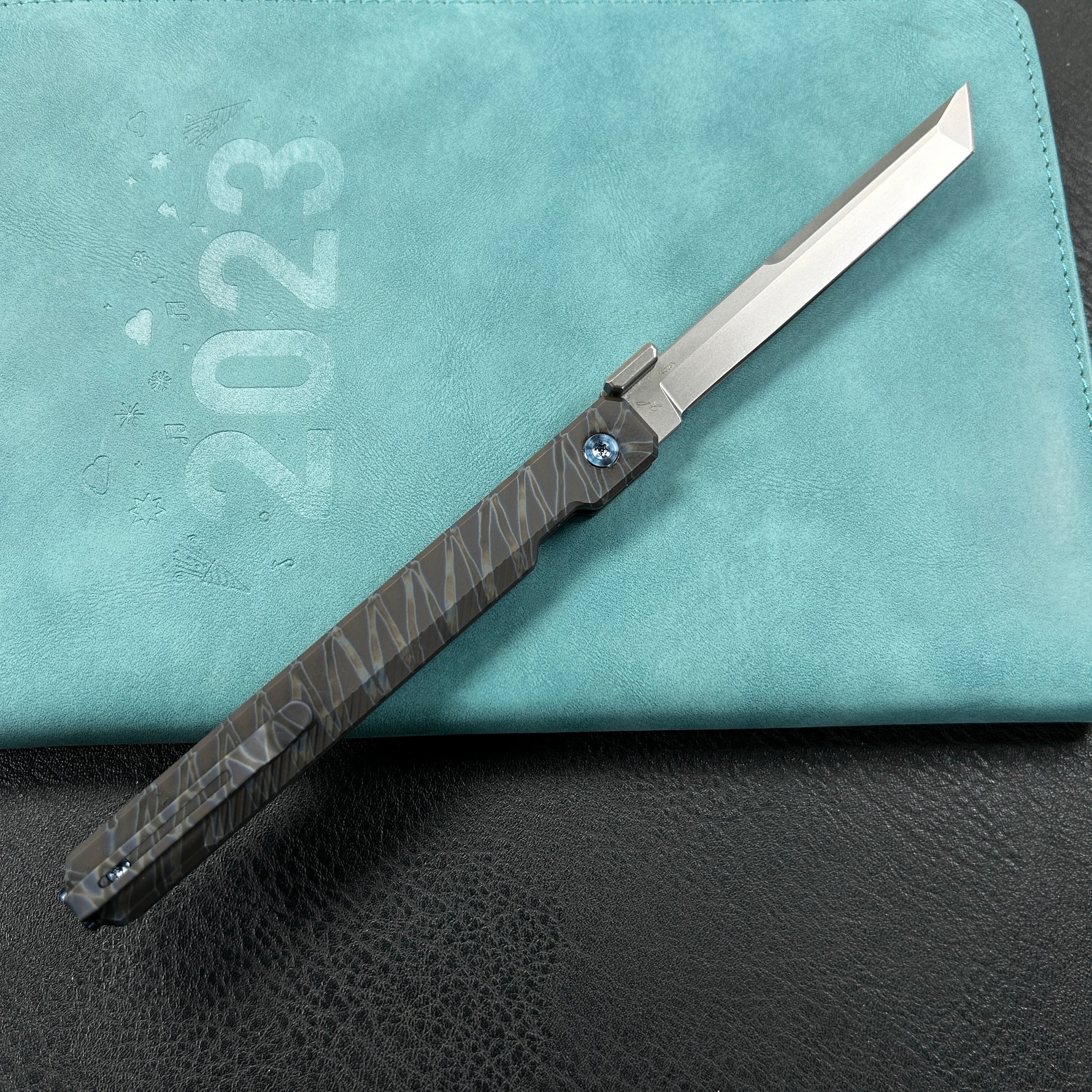 KUBEY KB243C Prism Button Lock CEO Style Folding Knife Flame Titanium Handle 3.54'' Beadblast 14C28N