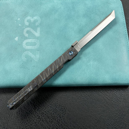 KUBEY KB243C Prism Button Lock CEO Style Folding Knife Flame Titanium Handle 3.54'' Beadblast 14C28N