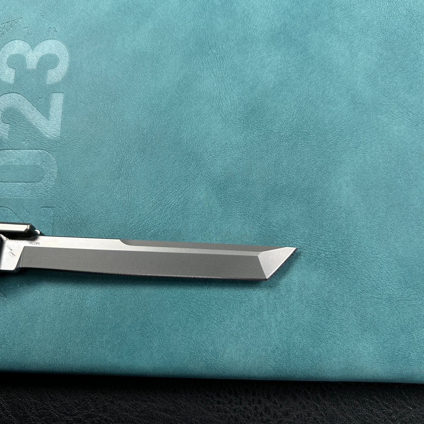 KUBEY KB243C Prism Button Lock CEO Style Folding Knife Flame Titanium Handle 3.54'' Beadblast 14C28N