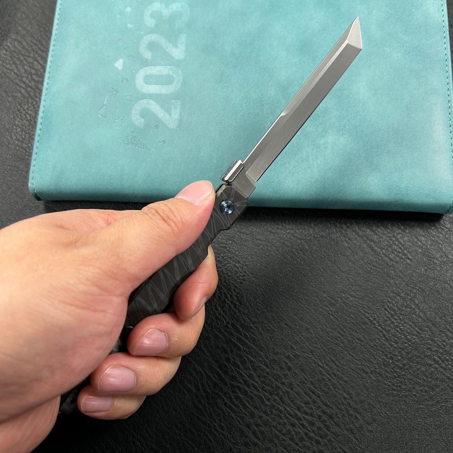KUBEY KB243C Prism Button Lock CEO Style Folding Knife Flame Titanium Handle 3.54'' Beadblast 14C28N