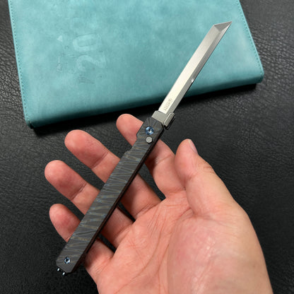 KUBEY KB243C Prism Button Lock CEO Style Folding Knife Flame Titanium Handle 3.54'' Beadblast 14C28N