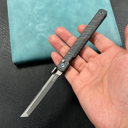 KUBEY KB243C Prism Button Lock CEO Style Folding Knife Flame Titanium Handle 3.54'' Beadblast 14C28N
