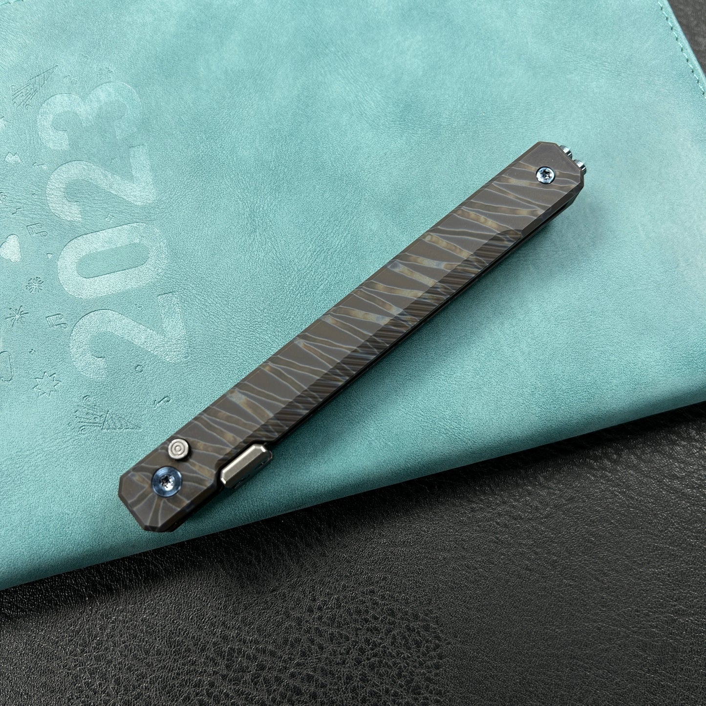 KUBEY KB243C Prism Button Lock CEO Style Folding Knife Flame Titanium Handle 3.54'' Beadblast 14C28N