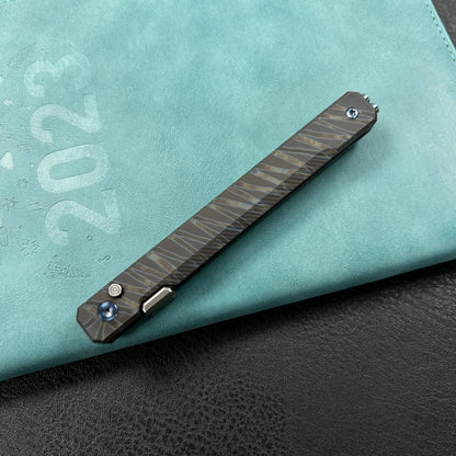 KUBEY KB243C Prism Button Lock CEO Style Folding Knife Flame Titanium Handle 3.54'' Beadblast 14C28N