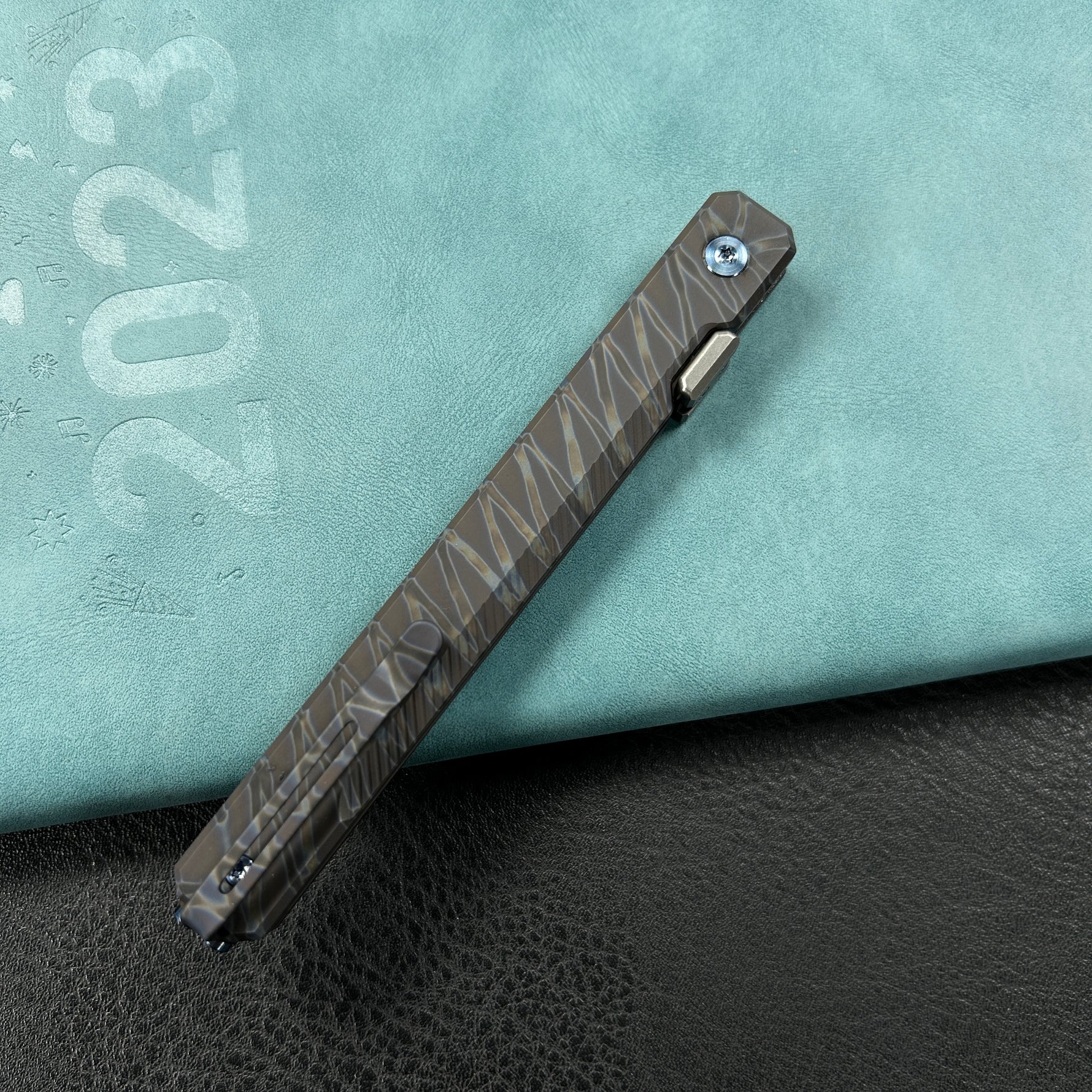 KUBEY KB243C Prism Button Lock CEO Style Folding Knife Flame Titanium Handle 3.54'' Beadblast 14C28N