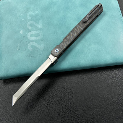 KUBEY KB243C Prism Button Lock CEO Style Folding Knife Flame Titanium Handle 3.54'' Beadblast 14C28N