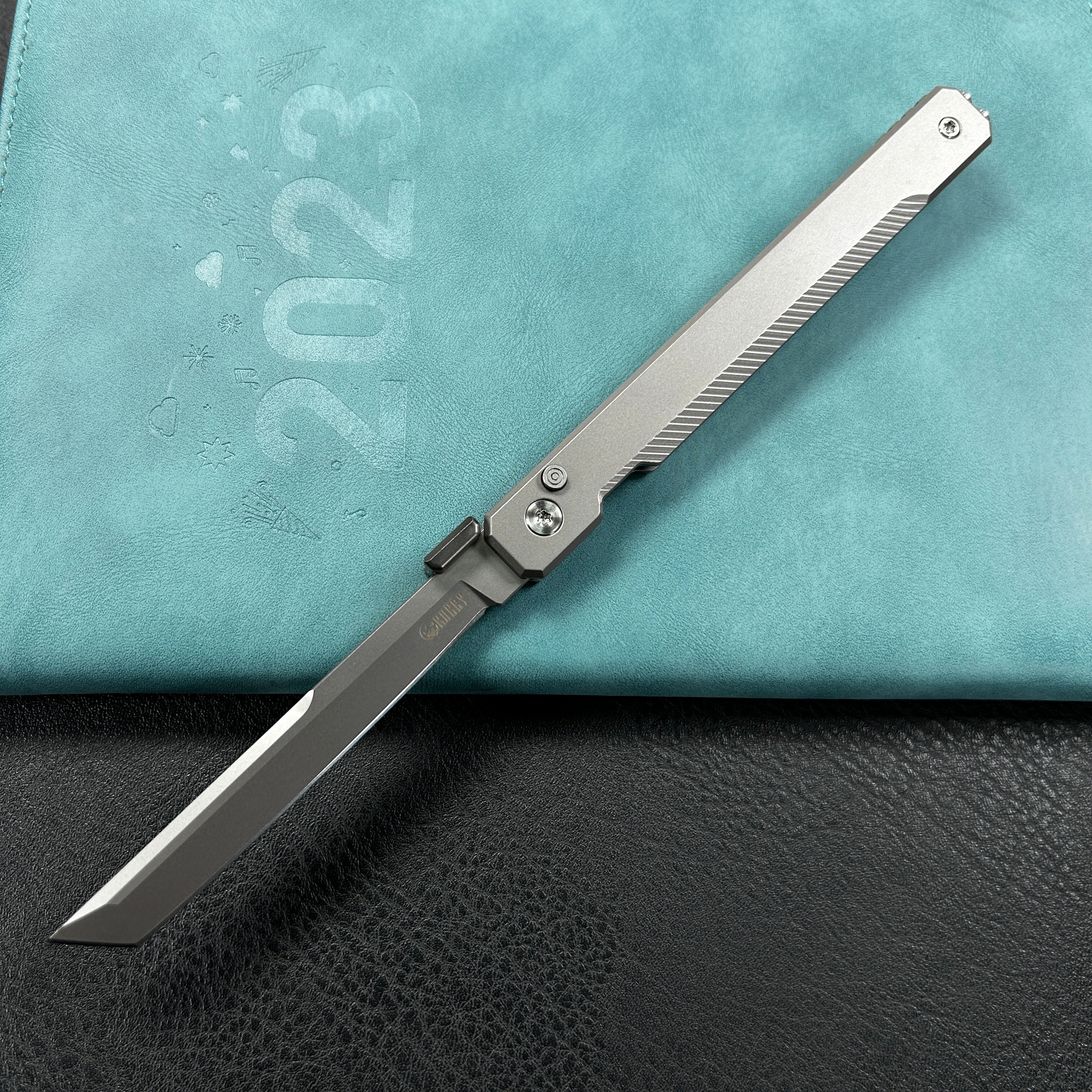 KB KNIVES  KB243A Prism Button Lock CEO Style Folding Knife Silver Grey 6AL4V Titanium Handle 3.54'' Beadblast 14C28N