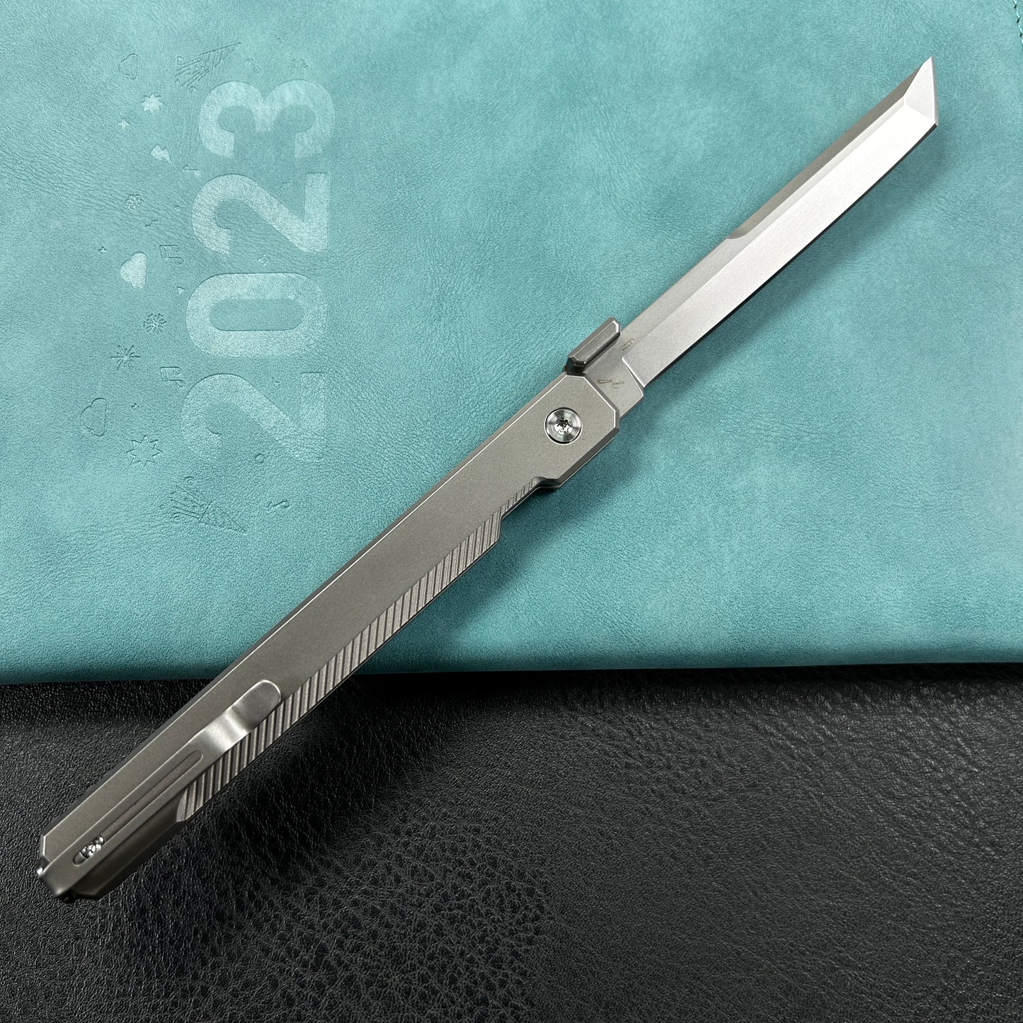 KUBEY KB243A Prism Button Lock CEO Style Folding Knife Silver Grey 6AL4V Titanium Handle 3.54'' Beadblast 14C28N