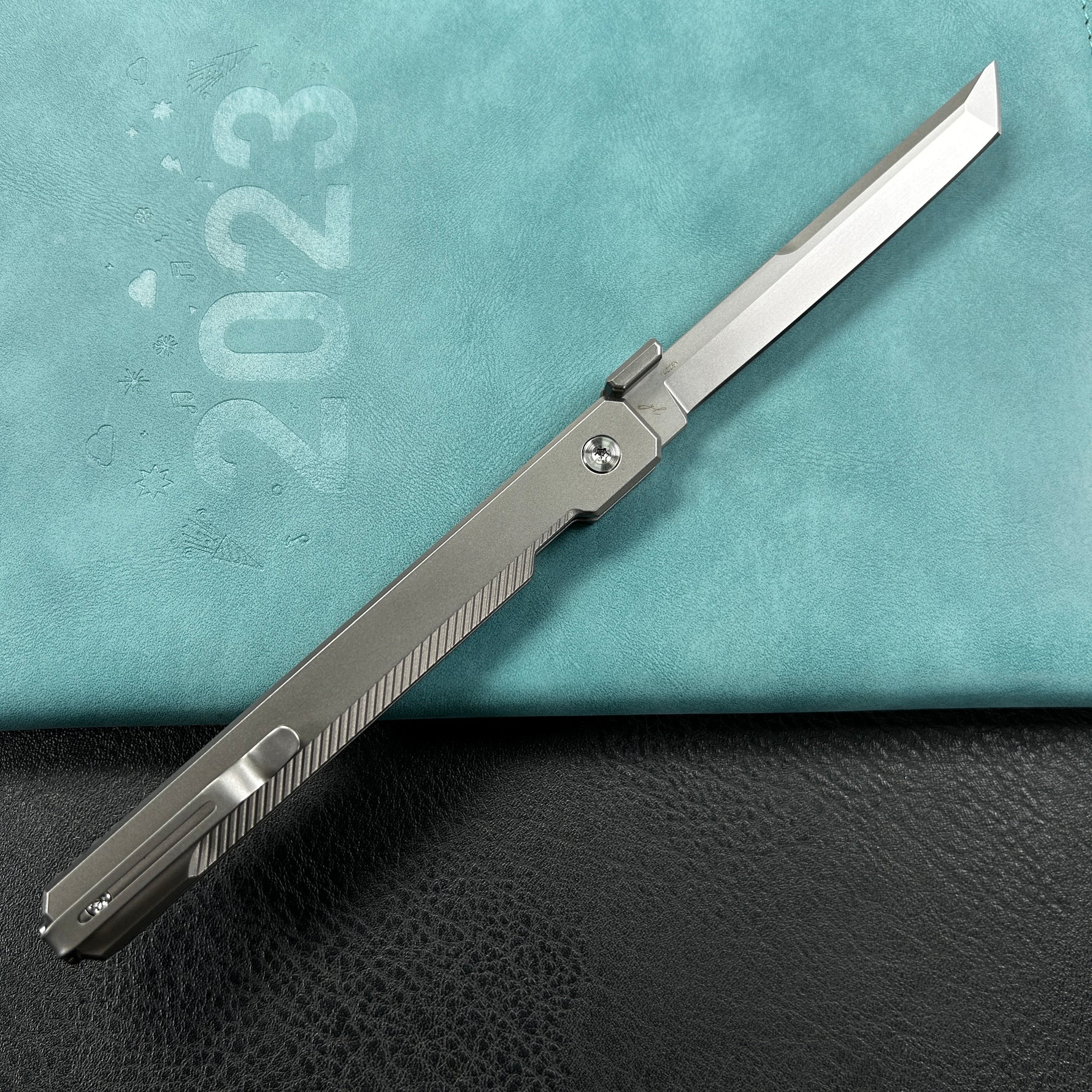 KB KNIVES  KB243A Prism Button Lock CEO Style Folding Knife Silver Grey 6AL4V Titanium Handle 3.54'' Beadblast 14C28N