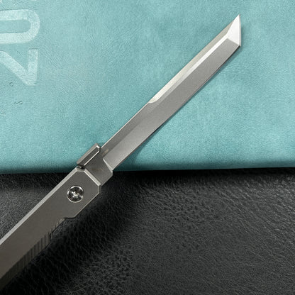 KUBEY KB243A Prism Button Lock CEO Style Folding Knife Silver Grey 6AL4V Titanium Handle 3.54'' Beadblast 14C28N