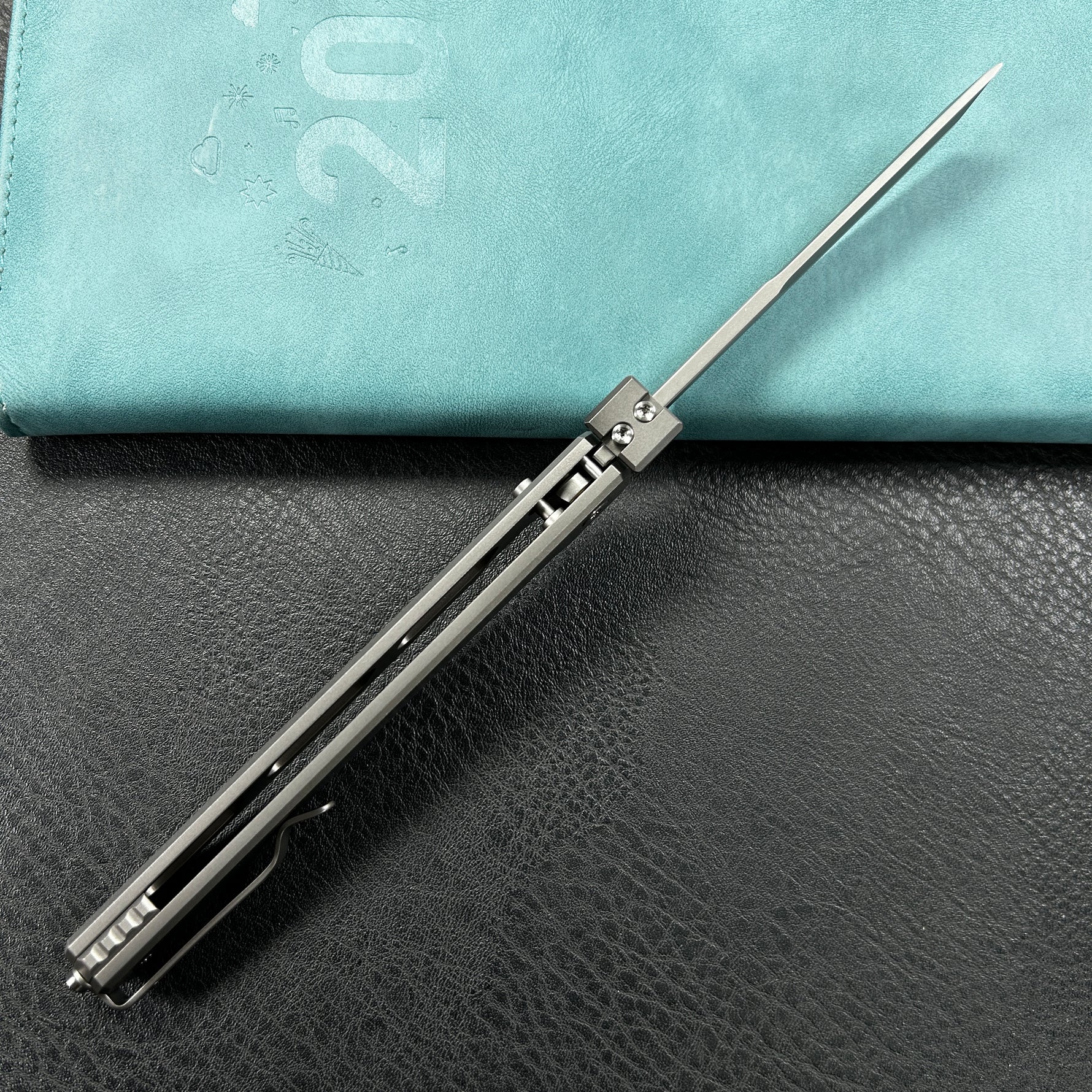 KB KNIVES  KB243A Prism Button Lock CEO Style Folding Knife Silver Grey 6AL4V Titanium Handle 3.54'' Beadblast 14C28N