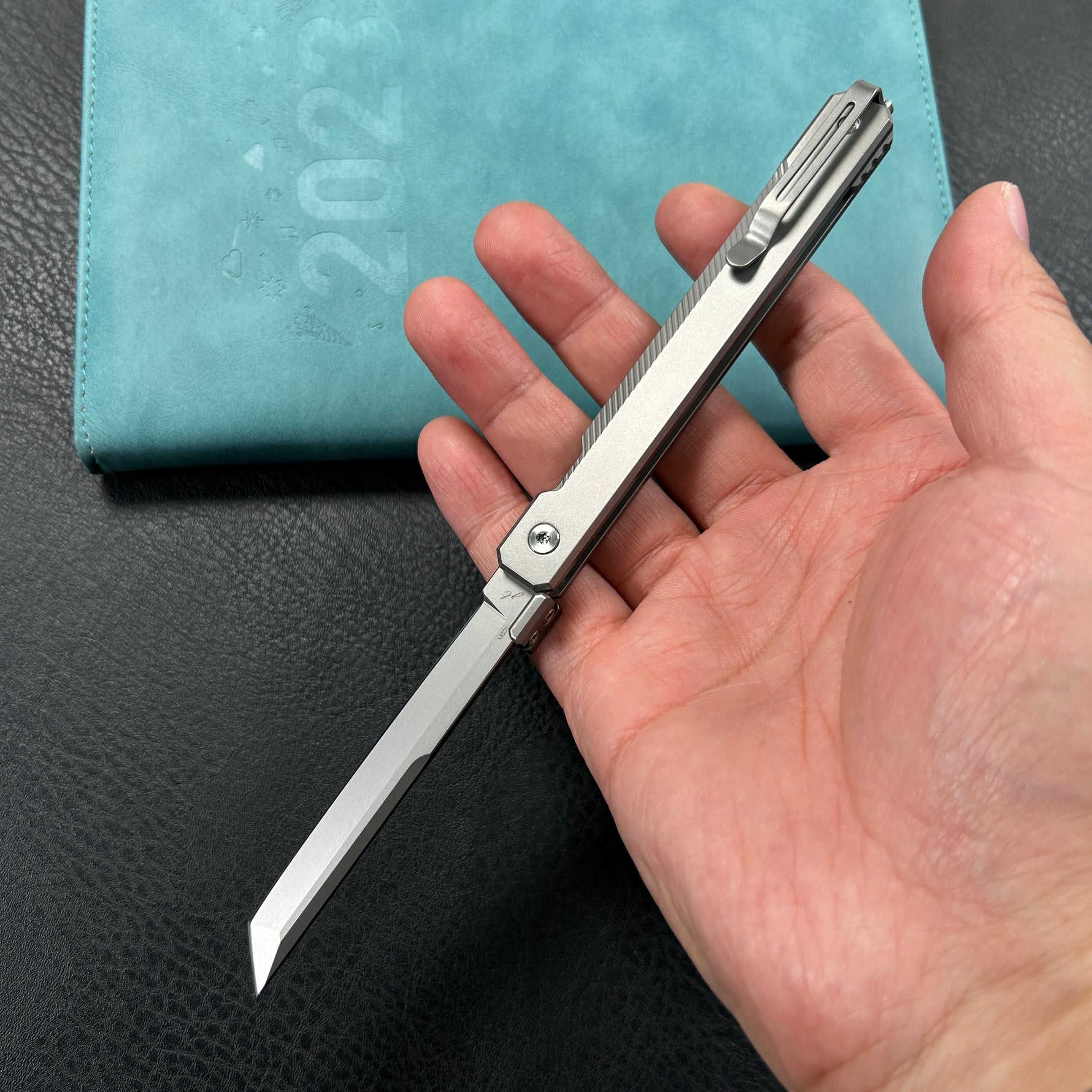 KB KNIVES  KB243A Prism Button Lock CEO Style Folding Knife Silver Grey 6AL4V Titanium Handle 3.54'' Beadblast 14C28N