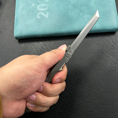 KUBEY KB243A Prism Button Lock CEO Style Folding Knife Silver Grey 6AL4V Titanium Handle 3.54'' Beadblast 14C28N
