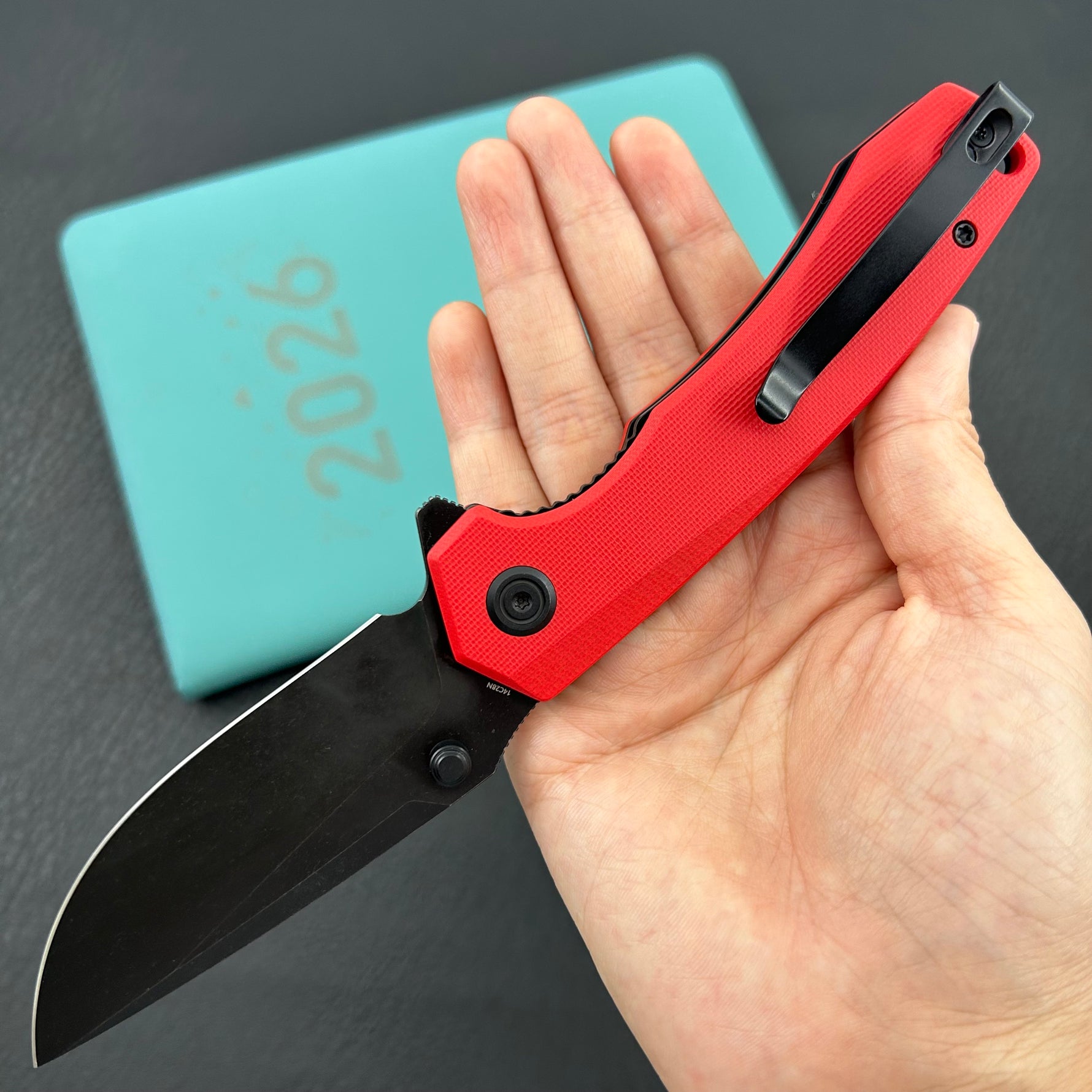 KU knife KU901S Calyce Thumbstud Linerlock Black Red Folding Knife