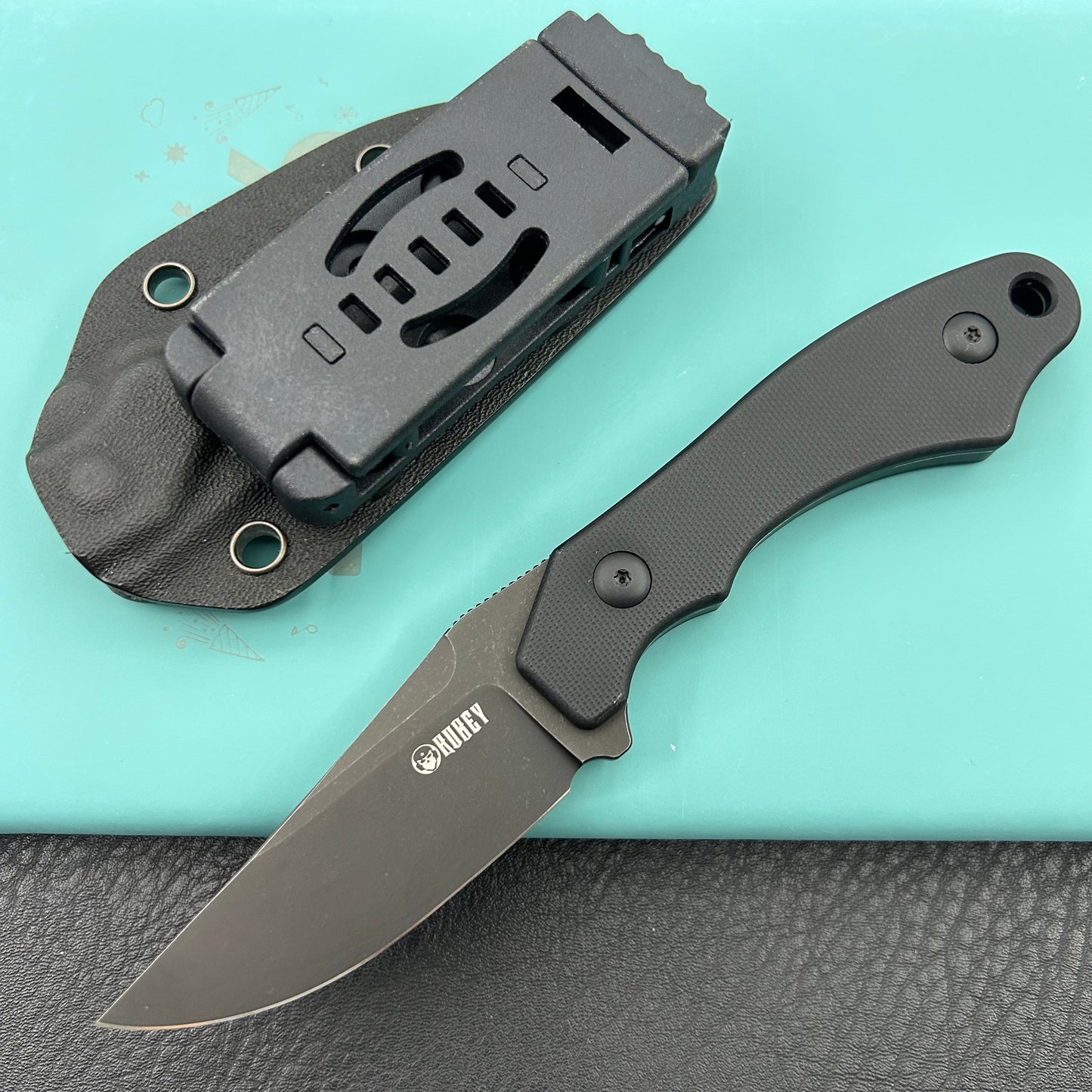 KUBEY knife KU468B TLB II Clip Point EDC Fixed Blade Knife Black G10 2.8" Blackwash 14C28N with Kydex Sheath
