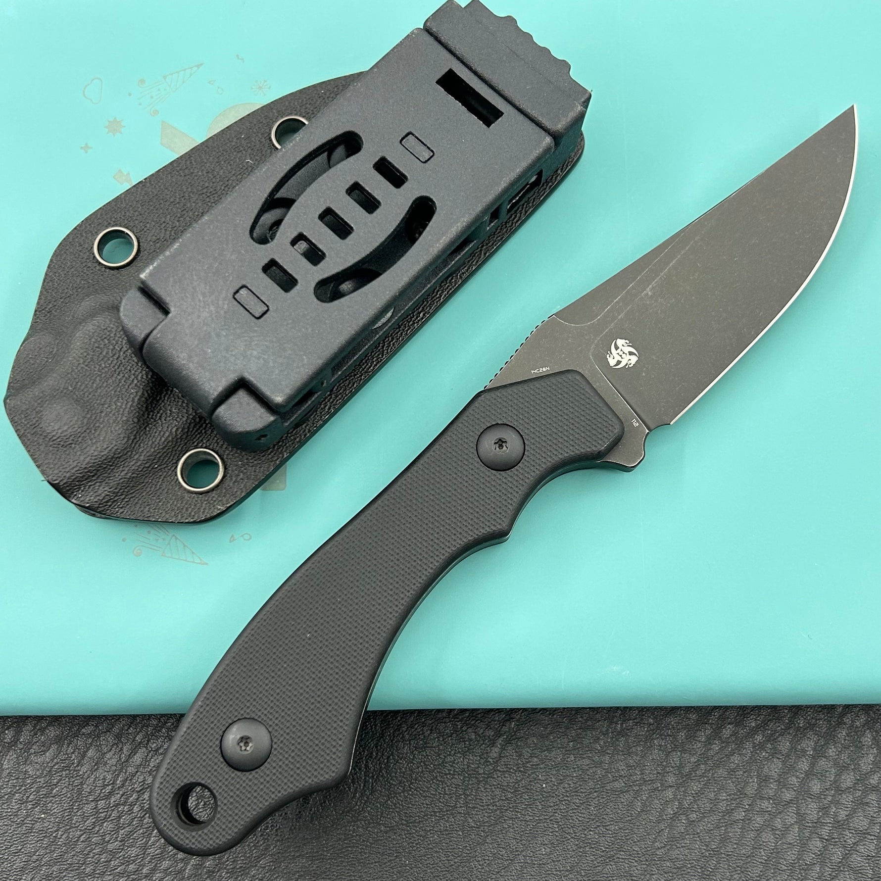 KUBEY knife KU468B TLB II Clip Point EDC Fixed Blade Knife Black G10 2.8" Blackwash 14C28N with Kydex Sheath