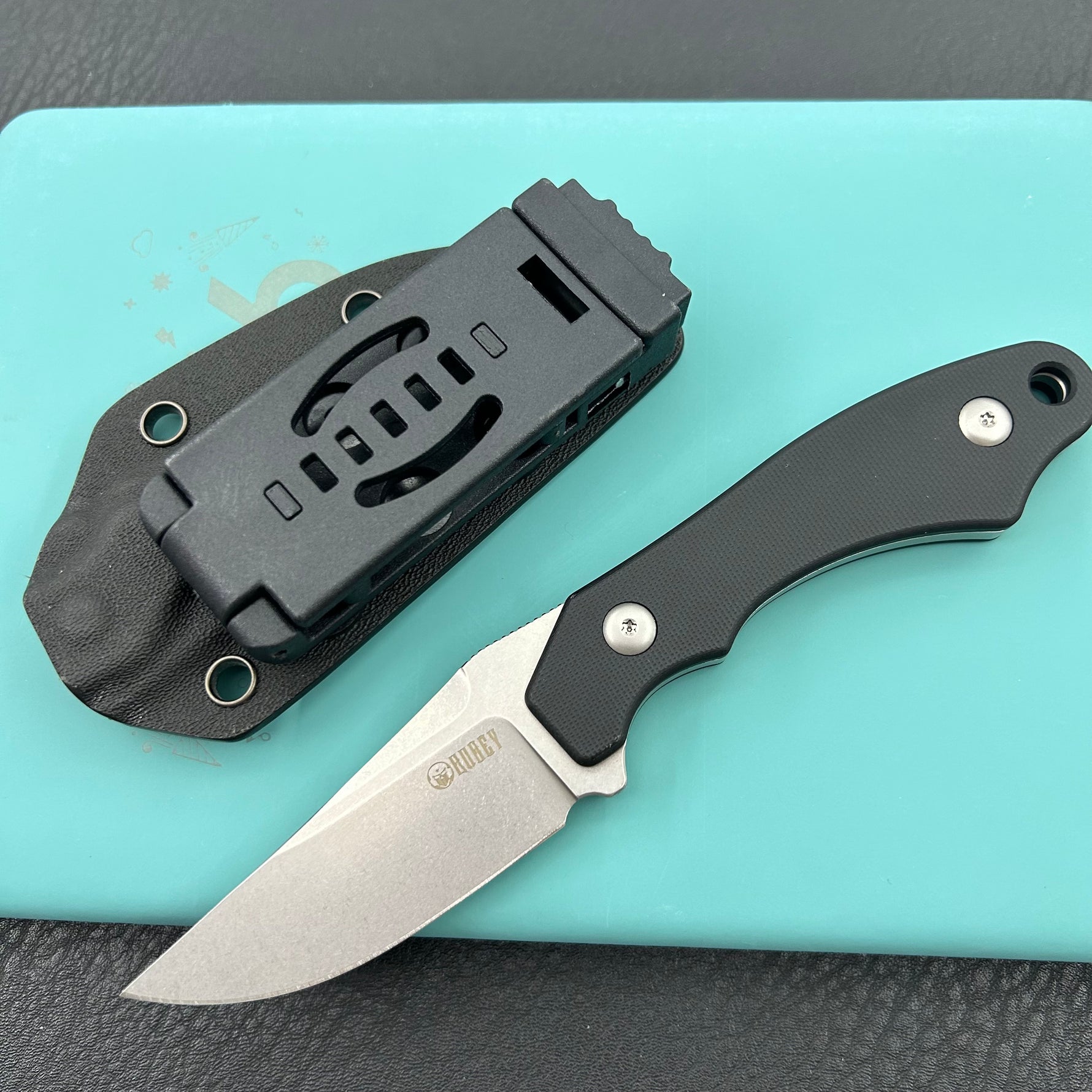 KUBEY knife KU468A TLB II Clip Point EDC Fixed Blade Knife Black G10 2.8" Beadblast 14C28N with Kydex Sheath