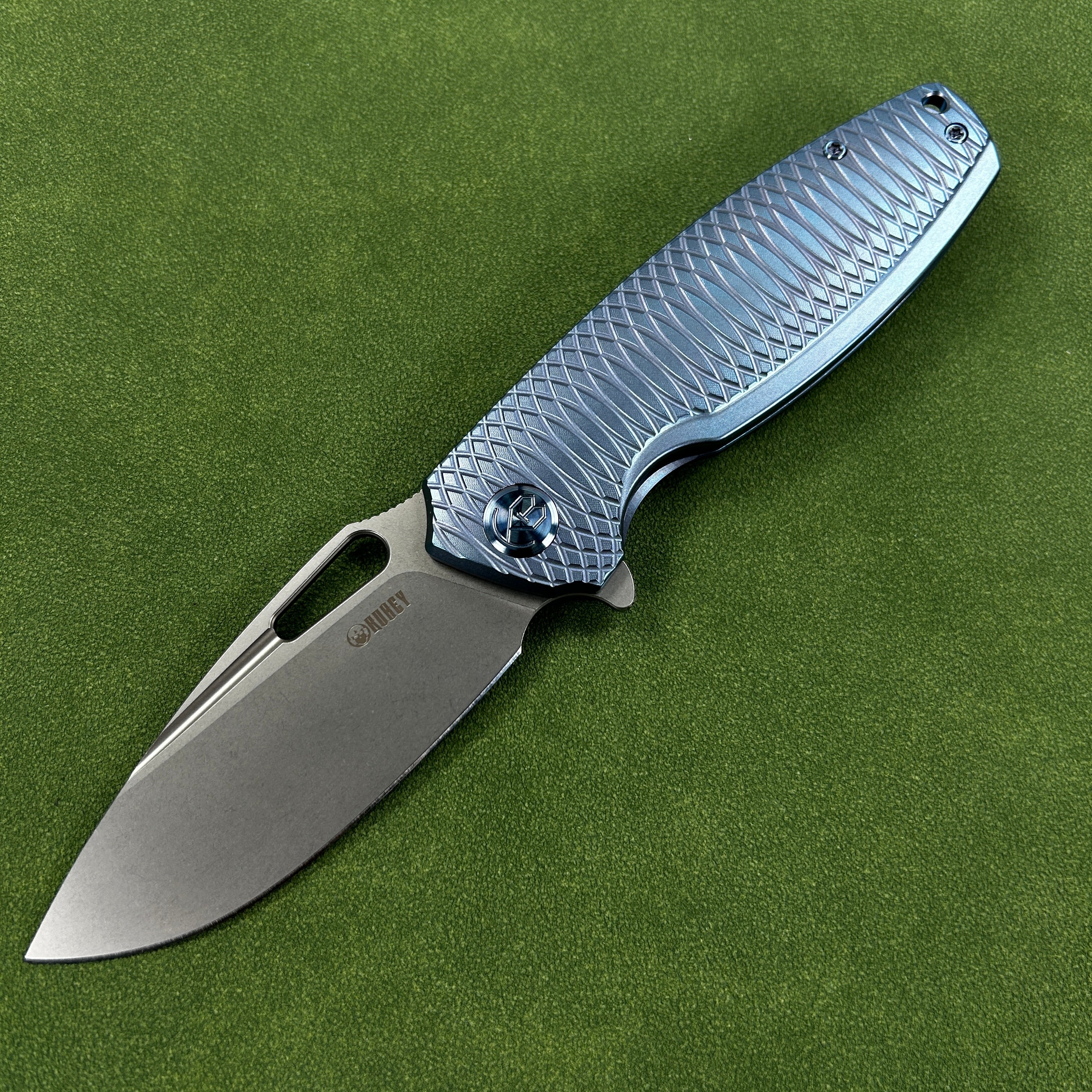 KUBEY KB360F Tityus Frame Lock Flipper Folding Knife Blue Pattern Titanium Handle 3.39" Beadblast 14C28N