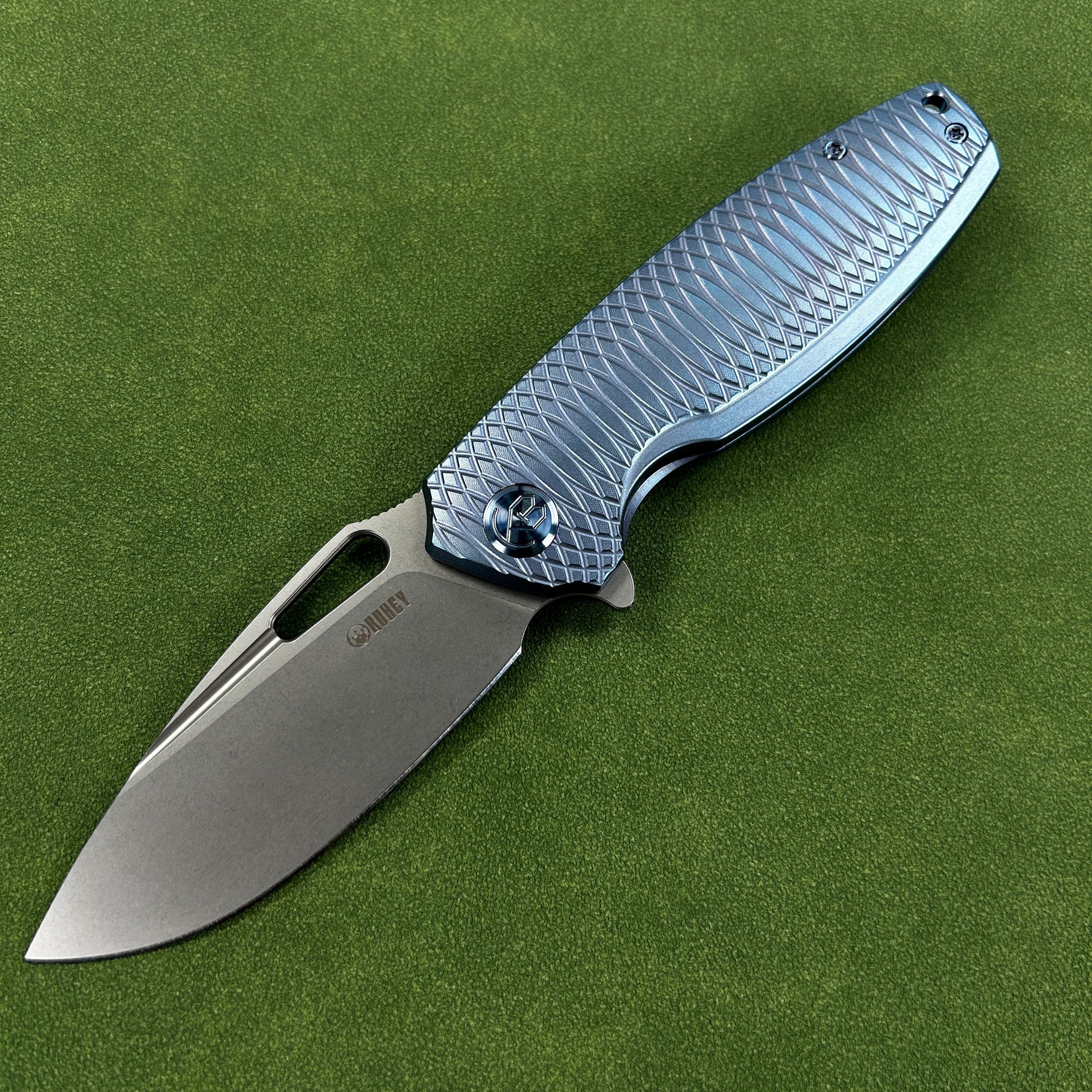 KB KNIVES KB360F Tityus Frame Lock Flipper Folding Knife Blue Pattern Titanium Handle 3.39" Beadblast 14C28N
