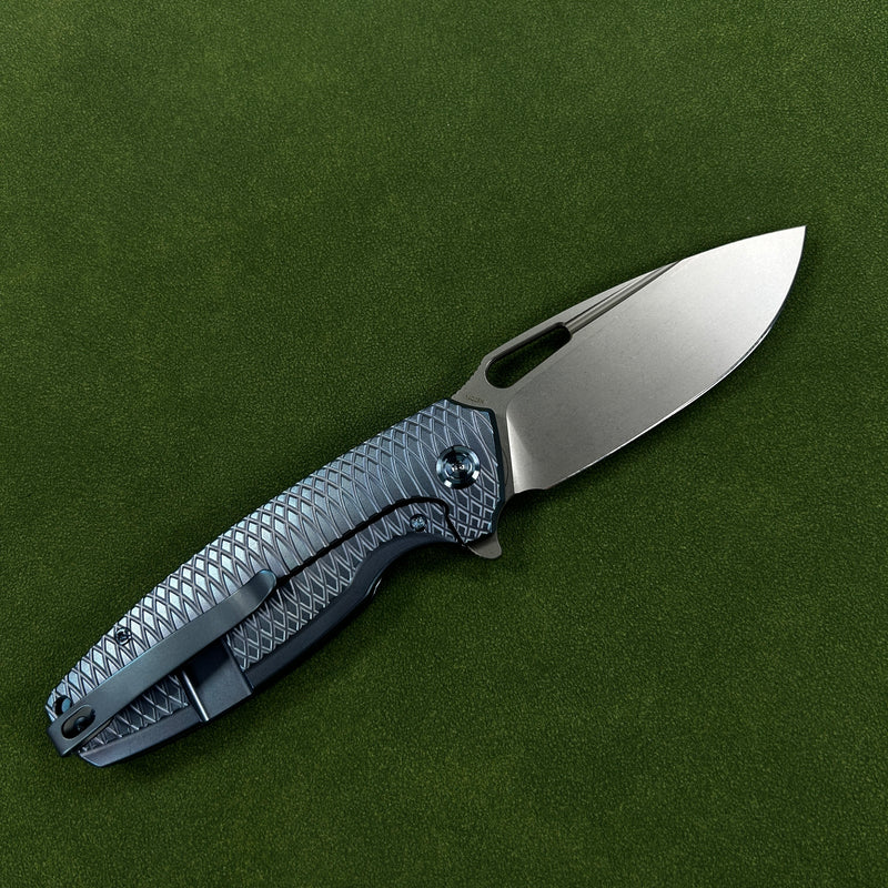 KUBEY KB360F Tityus Frame Lock Flipper Folding Knife Blue Pattern Titanium Handle 3.39" Beadblast 14C28N