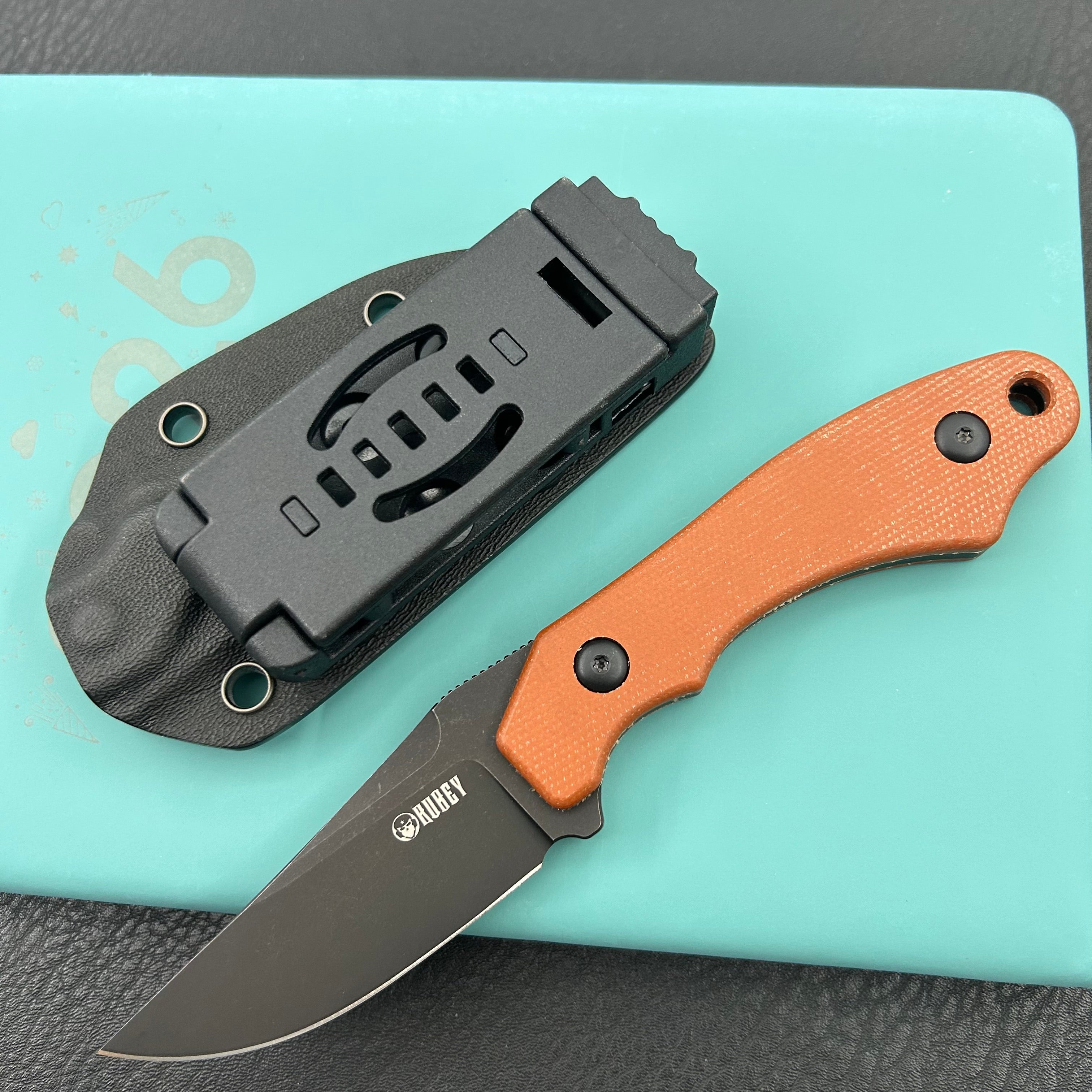 KUBEY knife KU468D TLB II Clip Point EDC Fixed Blade Knife Brown Micarta 2.8" Blackwash 14C28N with Kydex Sheath