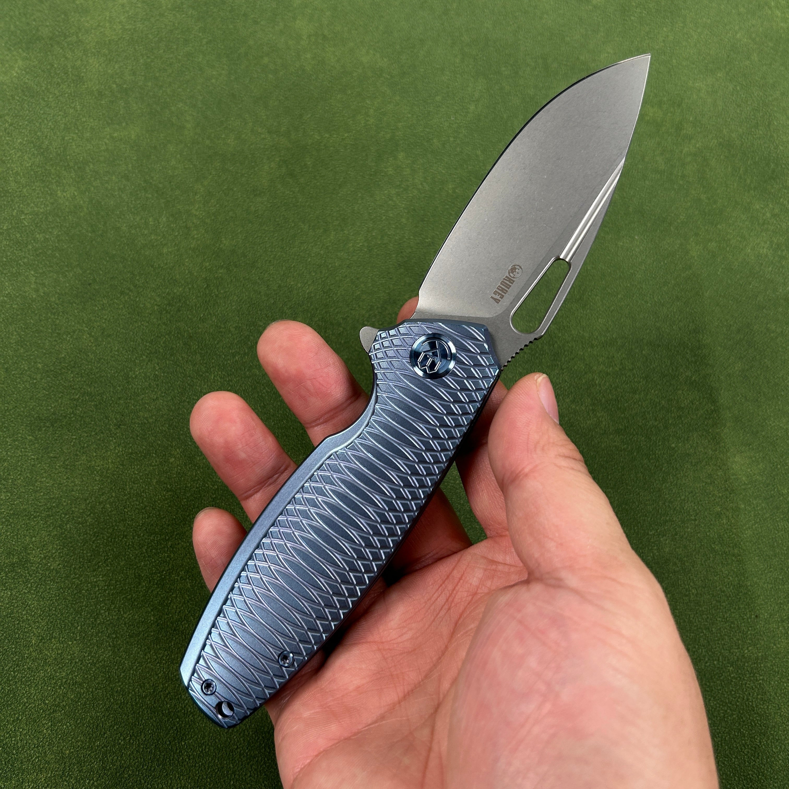 KUBEY KB360F Tityus Frame Lock Flipper Folding Knife Blue Pattern Titanium Handle 3.39" Beadblast 14C28N