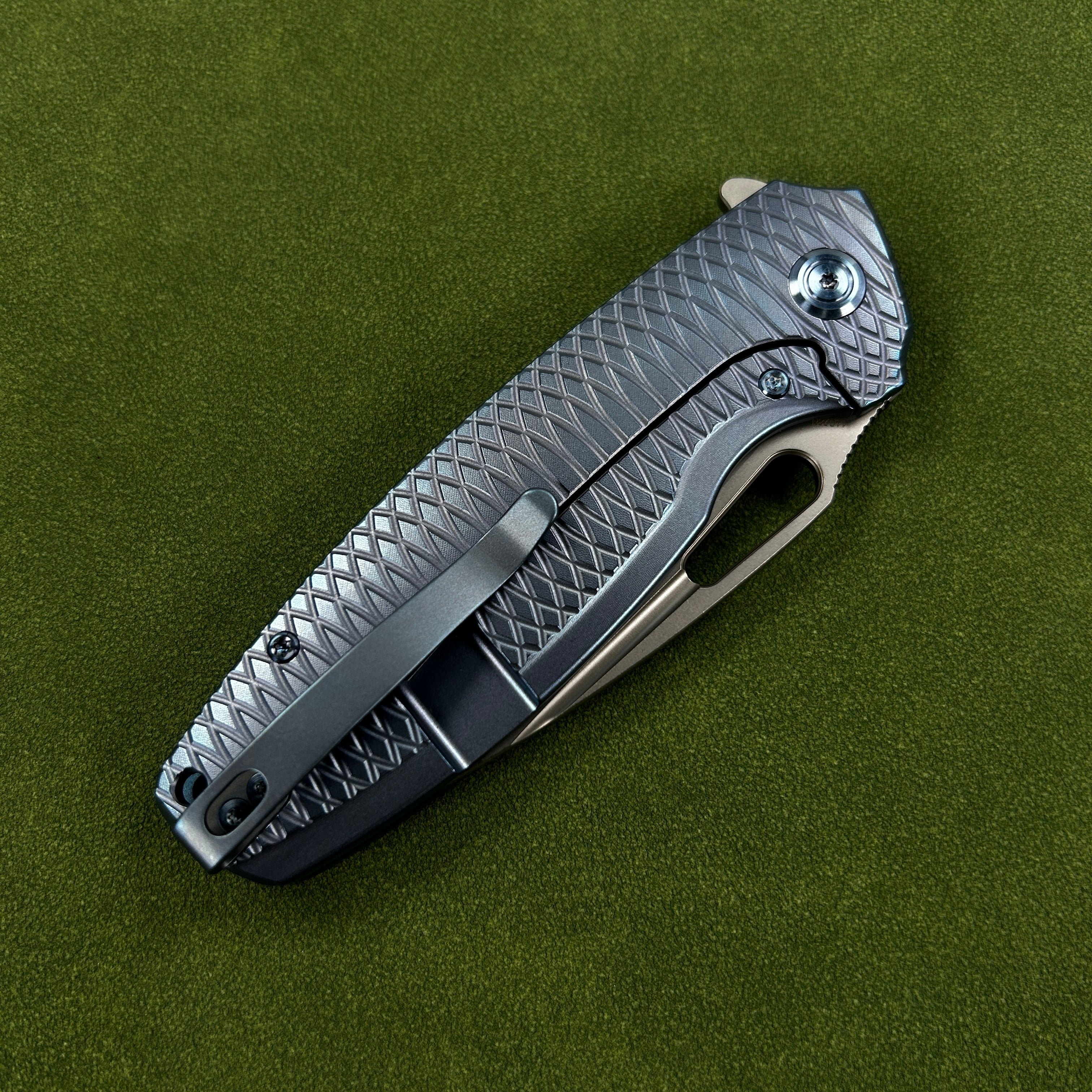 KUBEY KB360F Tityus Frame Lock Flipper Folding Knife Blue Pattern Titanium Handle 3.39" Beadblast 14C28N