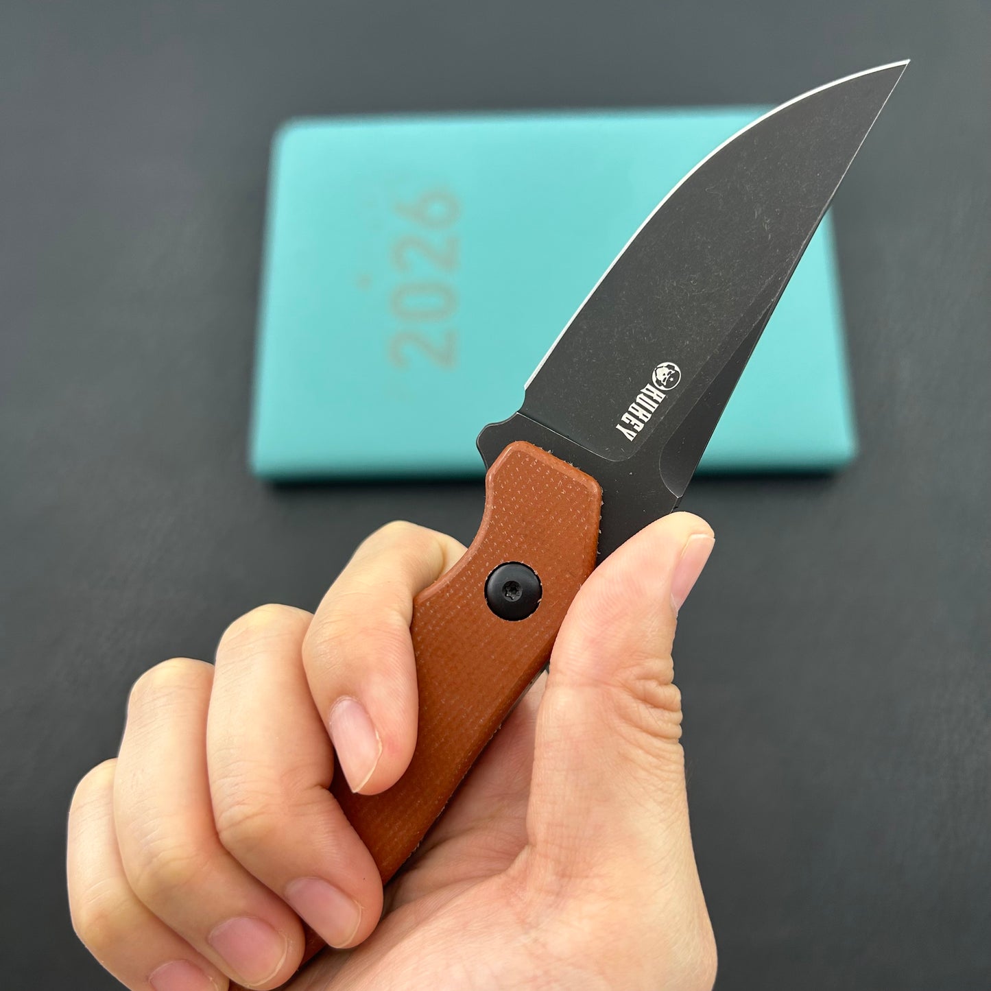 KUBEY knife KU468D TLB II Clip Point EDC Fixed Blade Knife Brown Micarta 2.8" Blackwash 14C28N with Kydex Sheath