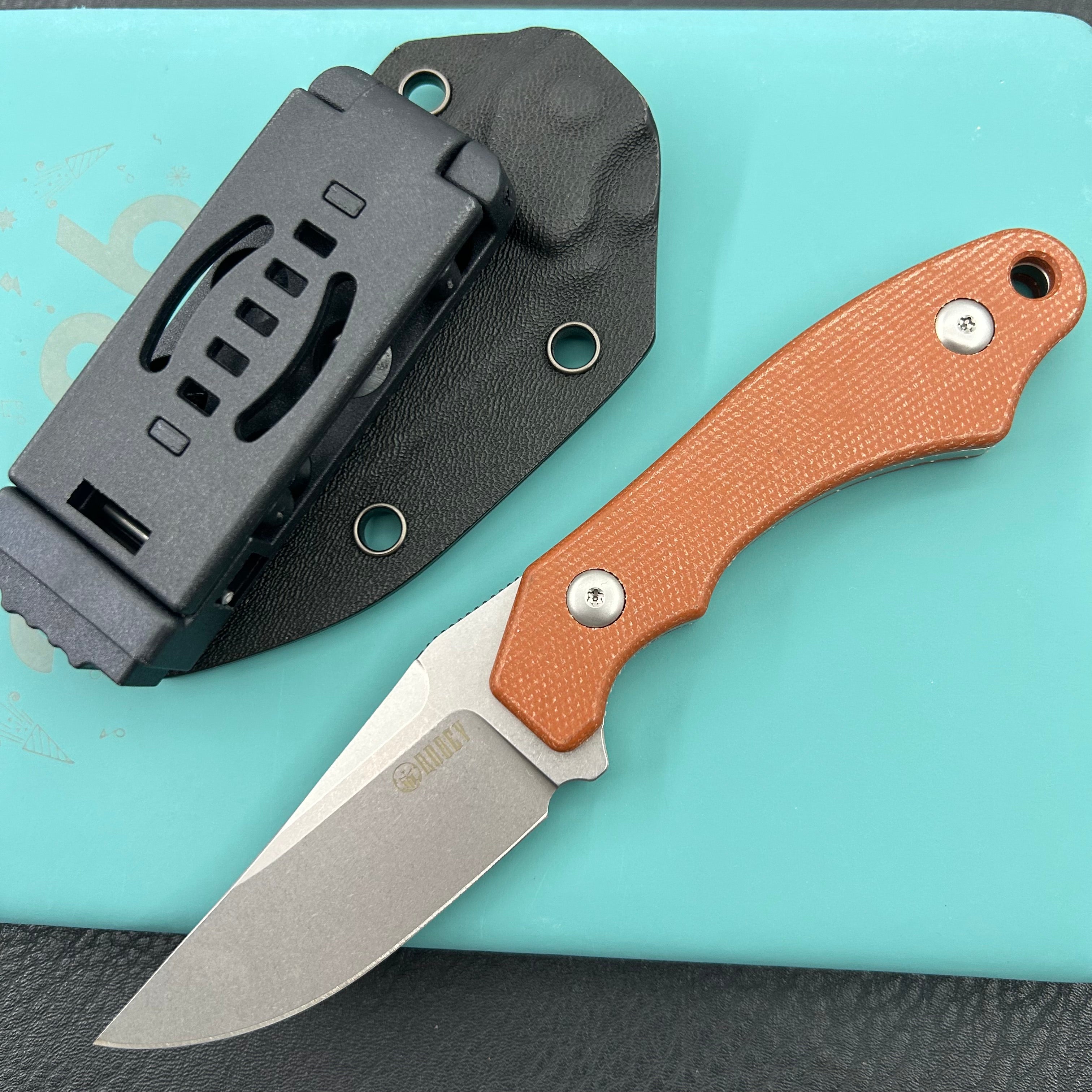 KUBEY knife KU468C TLB II Clip Point EDC Fixed Blade Knife Brown Micarta 2.8" Beadblast 14C28N with Kydex Sheath
