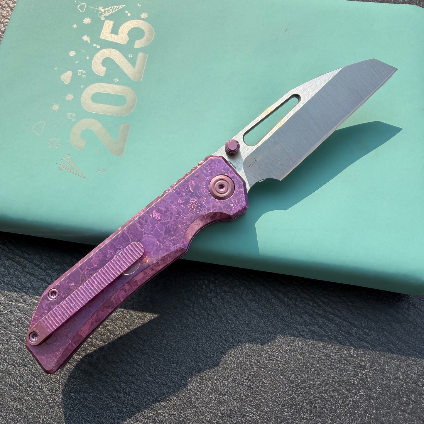 KB Venom KB435D Top Liner Lock Pocket Folding Knife Purple Ano Crystallized Titanium 3.46" Belt Satin CPM S90