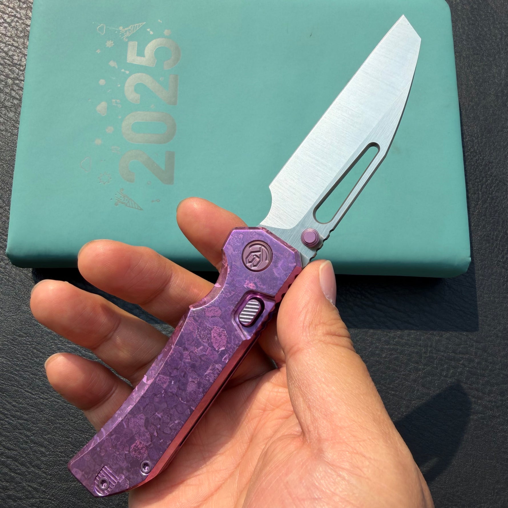 KB Venom KB435D Top Liner Lock Pocket Folding Knife Purple Ano Crystallized Titanium 3.46" Belt Satin CPM S90