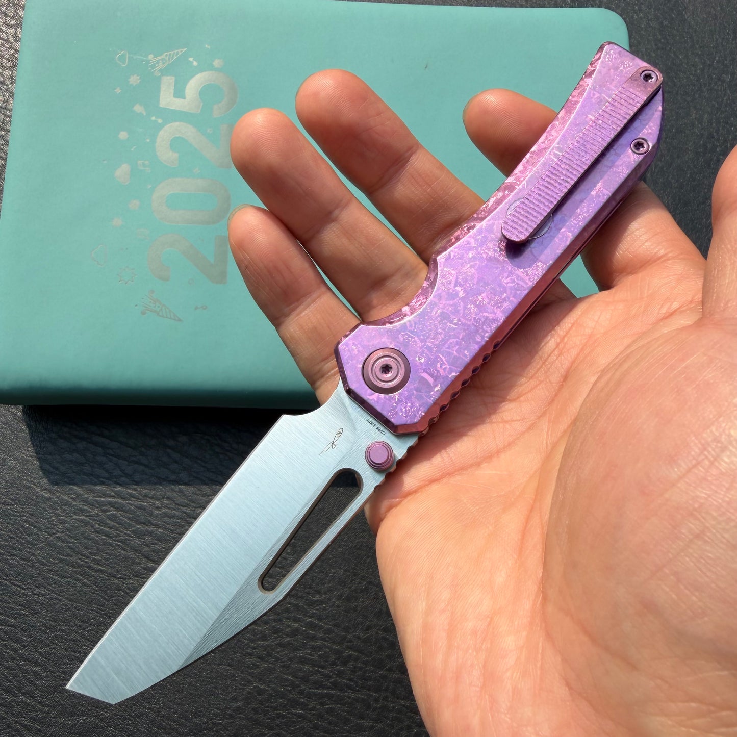 KB Venom KB435D Top Liner Lock Pocket Folding Knife Purple Ano Crystallized Titanium 3.46" Belt Satin CPM S90