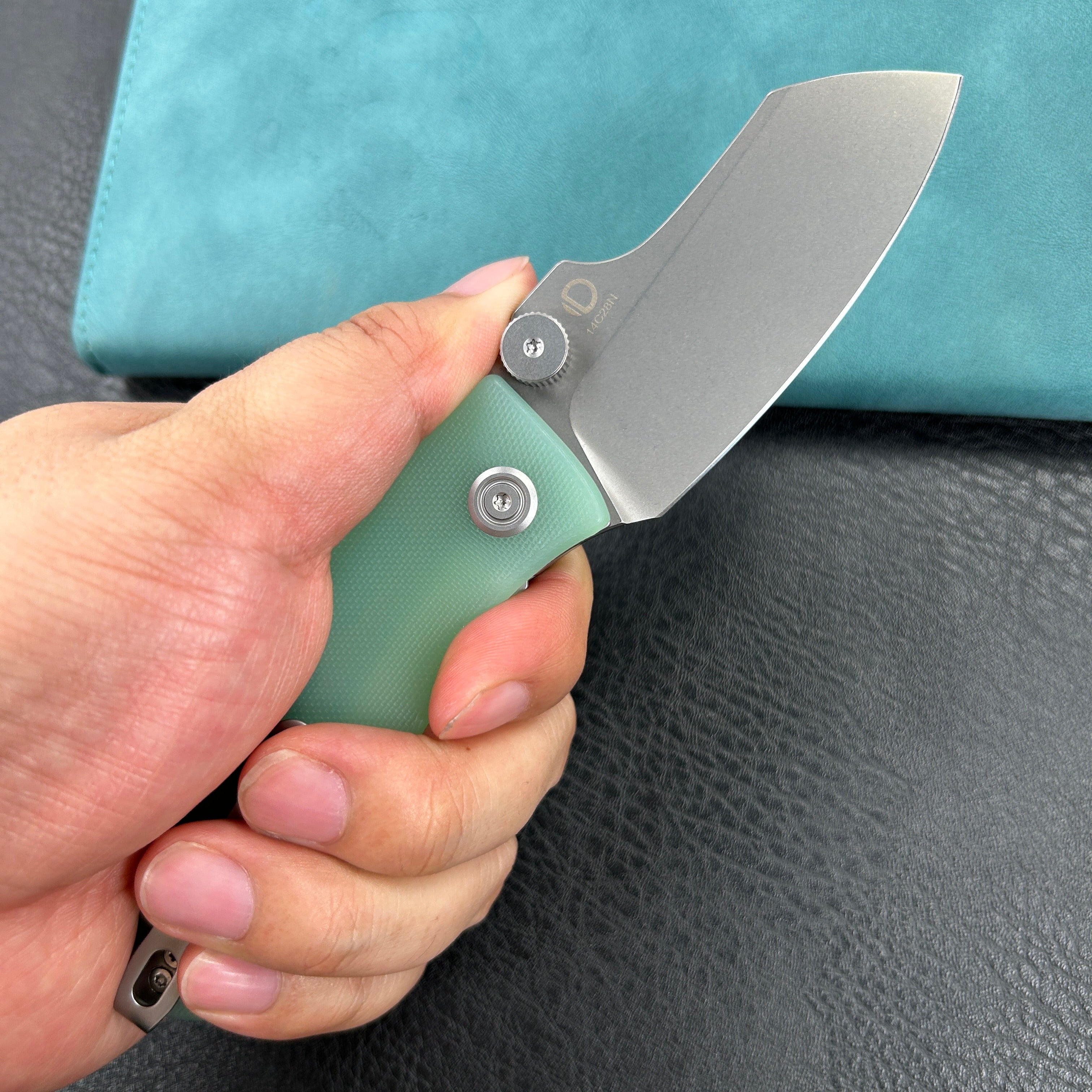 KUBEY KU337L Monsterdog Liner Lock Folding Knife Jade G10 Handle 2.95" Bead Blasted 14C28N