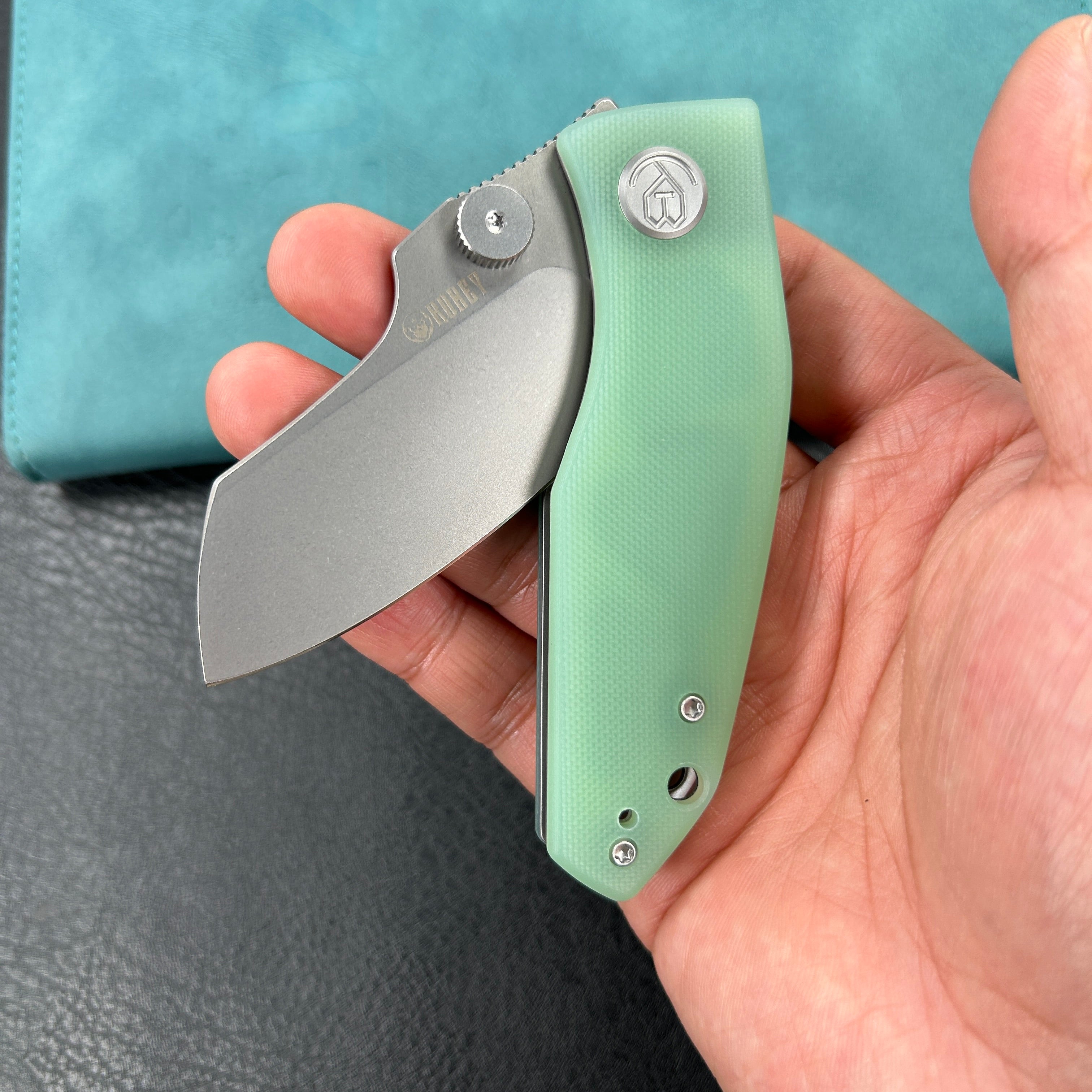 KUBEY KU337L Monsterdog Liner Lock Folding Knife Jade G10 Handle 2.95" Bead Blasted 14C28N