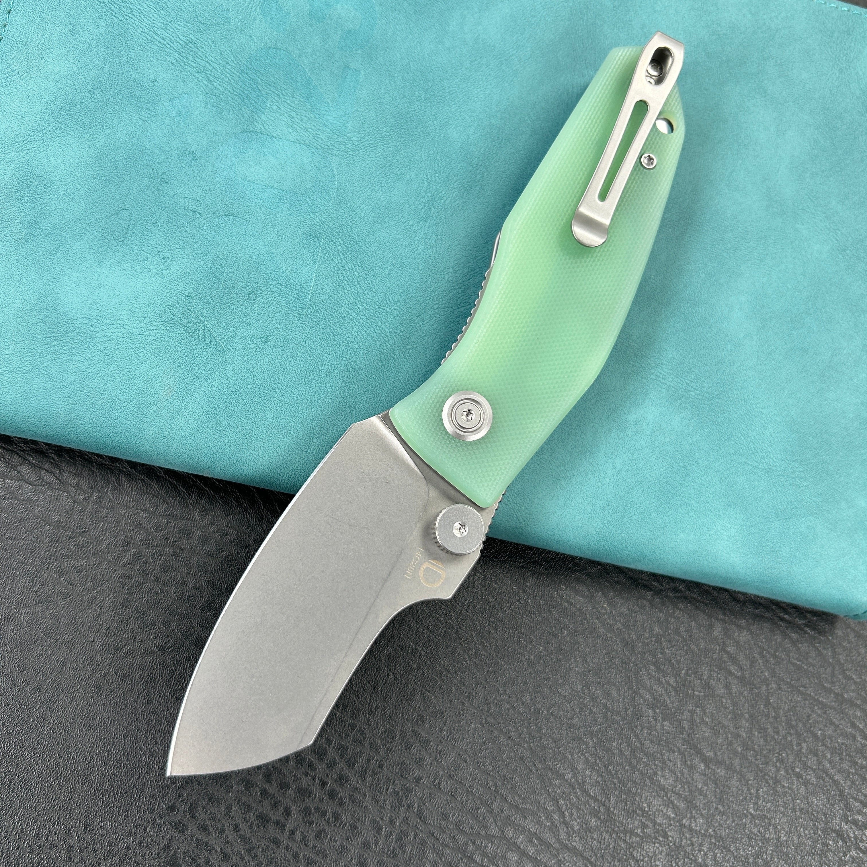 KUBEY KU337L Monsterdog Liner Lock Folding Knife Jade G10 Handle 2.95" Bead Blasted 14C28N