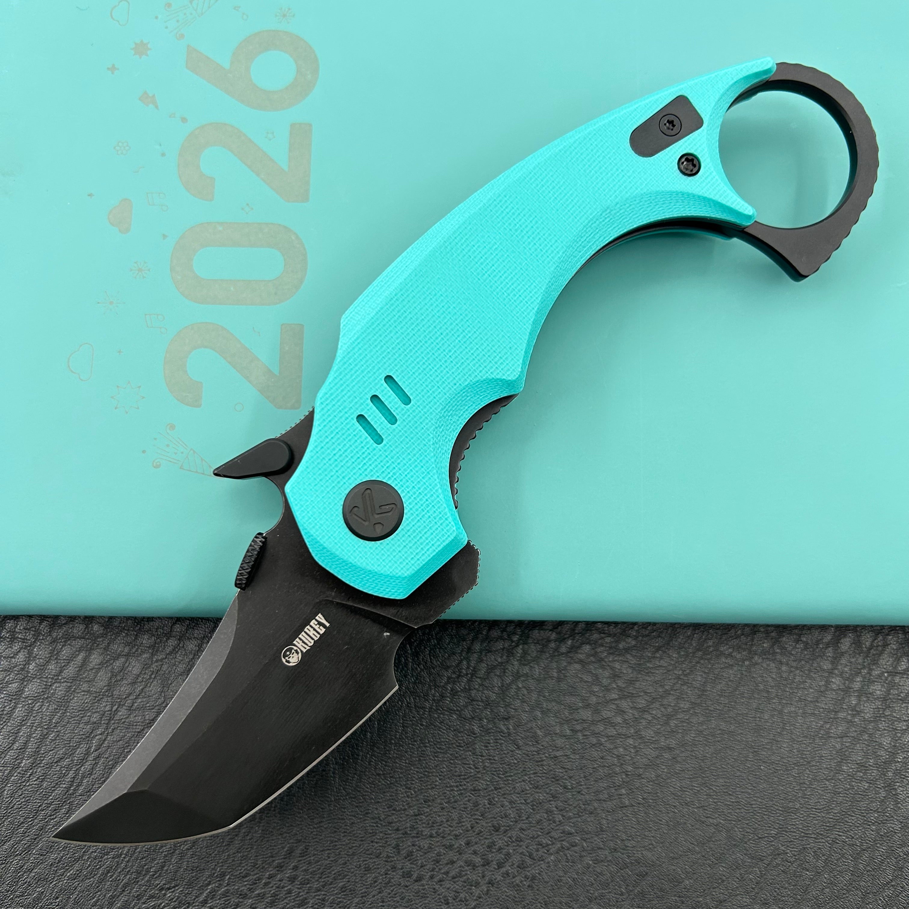 KUBEY knife KU439D Jaw Tanto Pikal Folding Knife Tiffany Blue G-10 Handle 2.52" Blackwash 14C28N